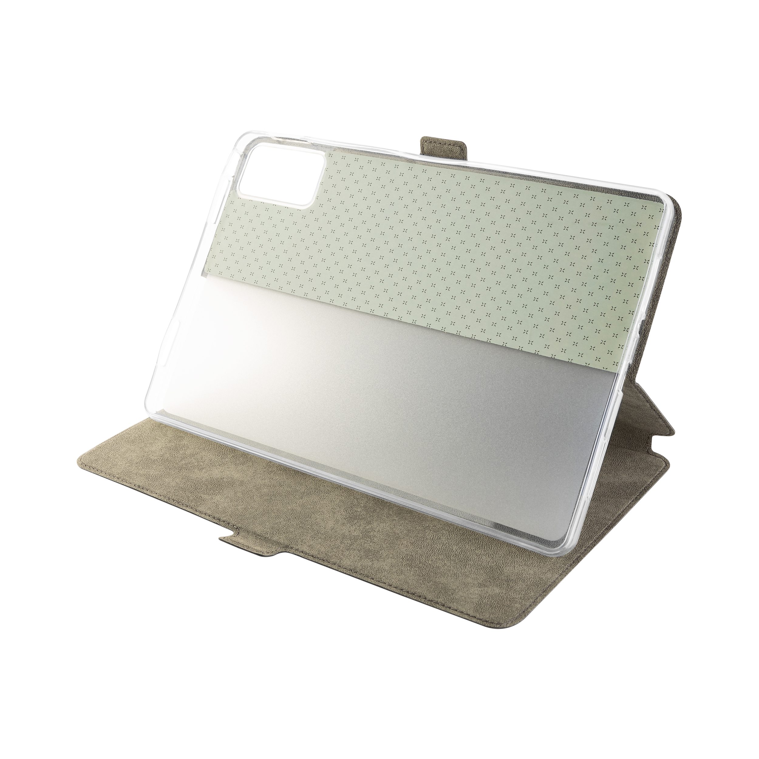 Ein graues Tablet-Case mit klarem Schutz und gemustertem Einsatz.