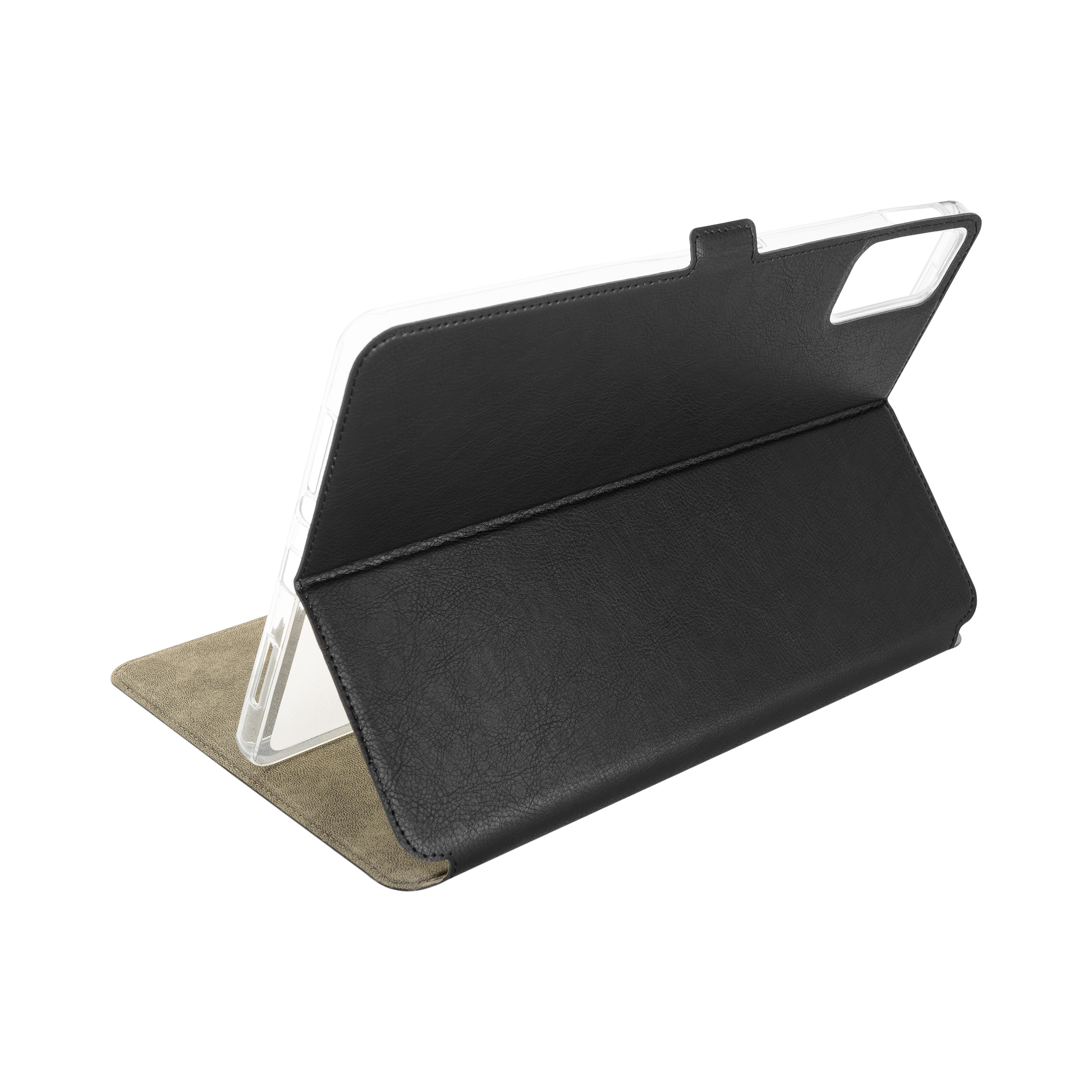 Ein schwarzes Tablet-Ledercase mit klarem Rahmen steht auf weißem Hintergrund und zeigt sein Innenfutter.