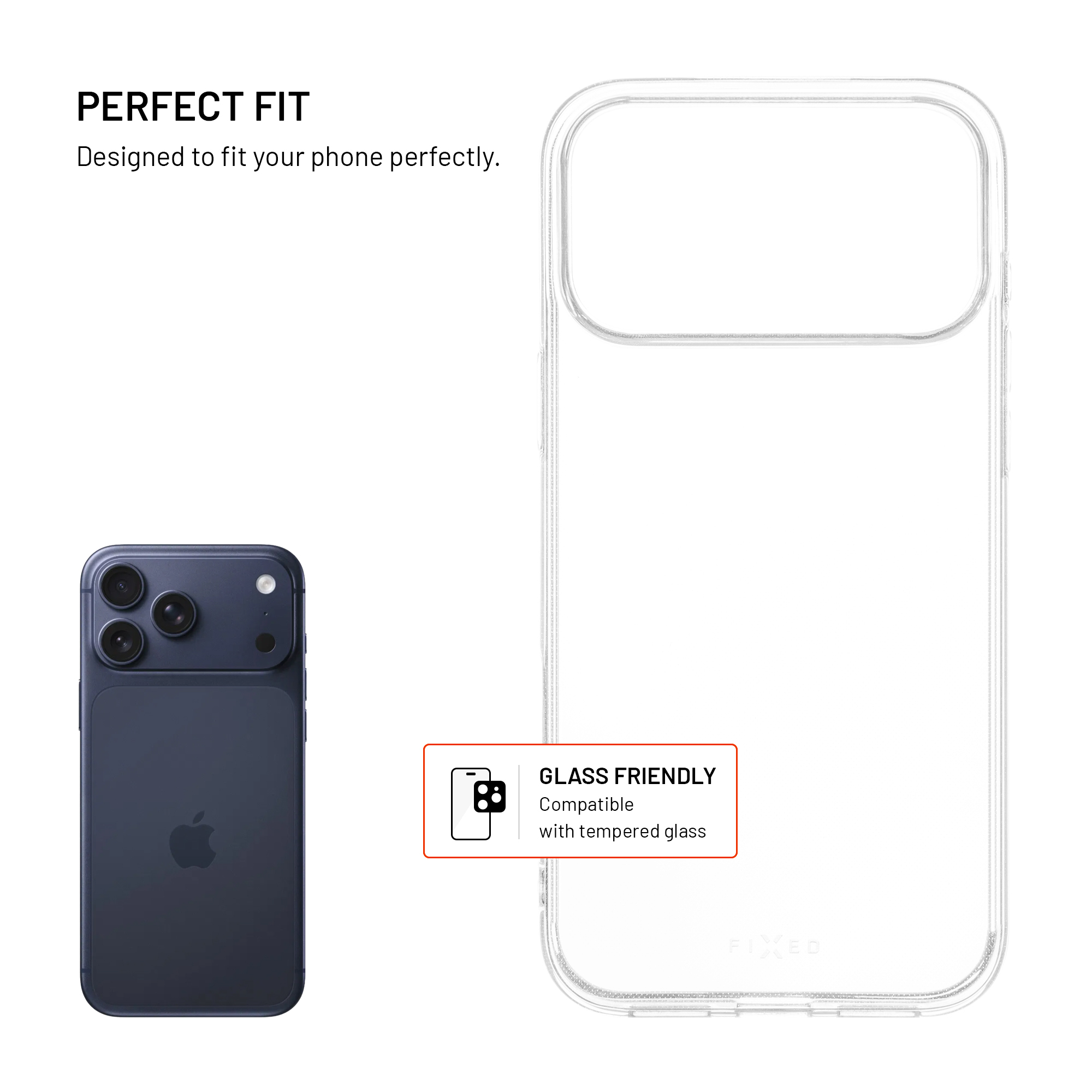 Transparente Schutzhülle neben einem blauen iPhone und dem Text Perfekte Passform und Glasverträglich.