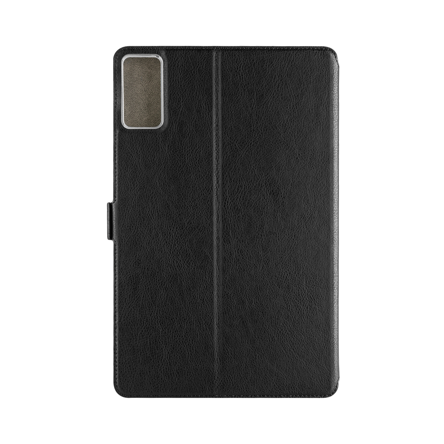 Eine schwarze Ledertasche für ein Tablet mit vertikaler Faltfalte und rechteckiger Kameraaussparung auf weißem Grund.