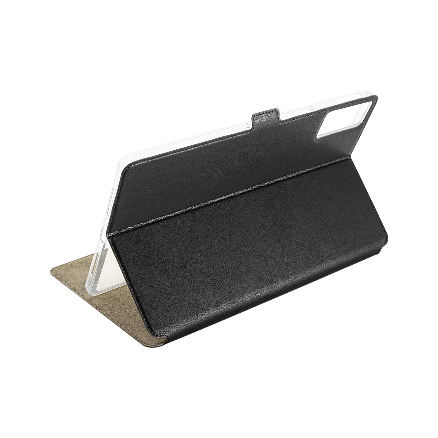 Eine schwarze Tablet-Klapphülle steht aufrecht und zeigt die strukturierte Hülle und das Innenfutter vor weißem Hintergrund.