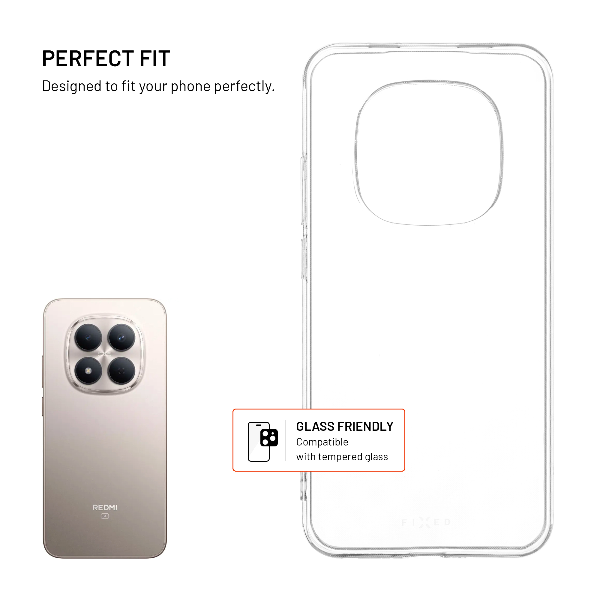 Transparente Handyhülle mit Redmi 5G Smartphone und dem Text "PERFECT FIT".