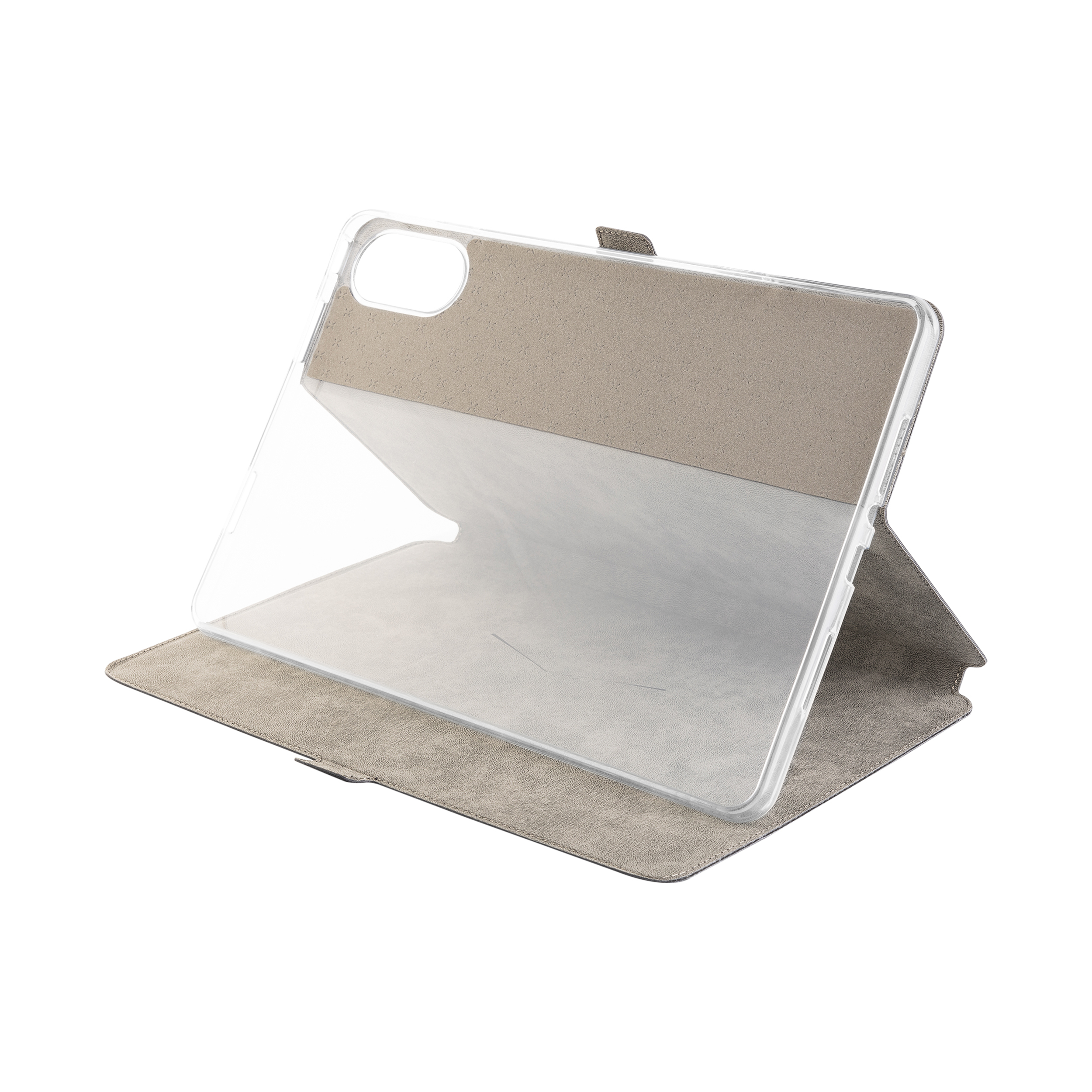 Graue Tablet-Hülle mit transparenter Rückseite und integriertem Ständer auf weißem Hintergrund.