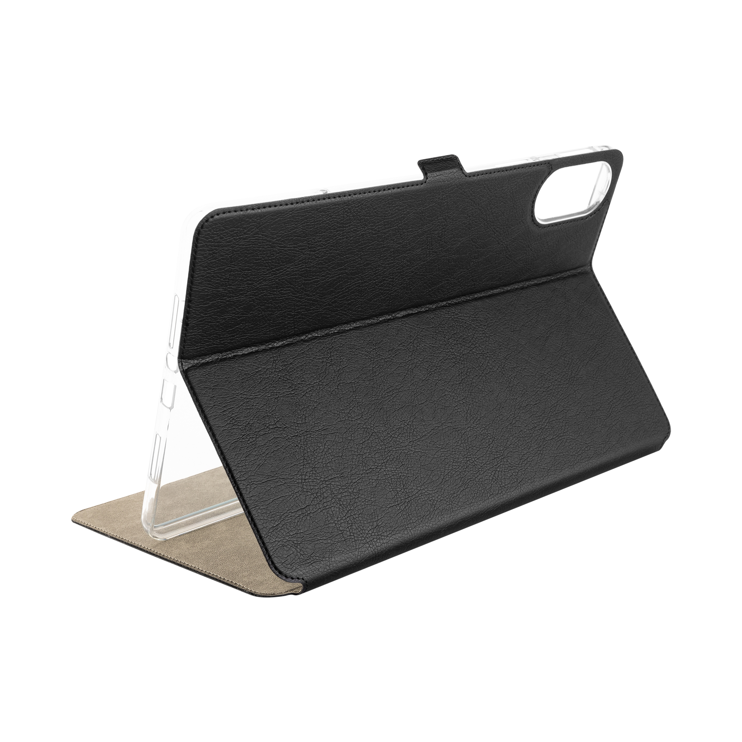 Eine schwarze Klapphülle für Tablets mit transparenter Rückseite, aufgestellt vor weißem Hintergrund.