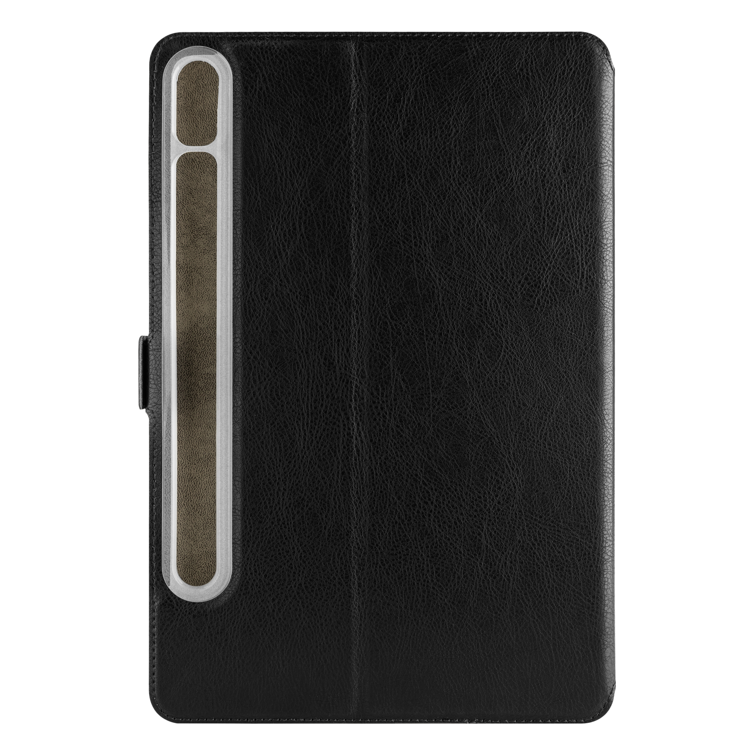Schwarze Tablet-Hülle mit integriertem Stiftehalter auf der linken Seite vor weißem Hintergrund.