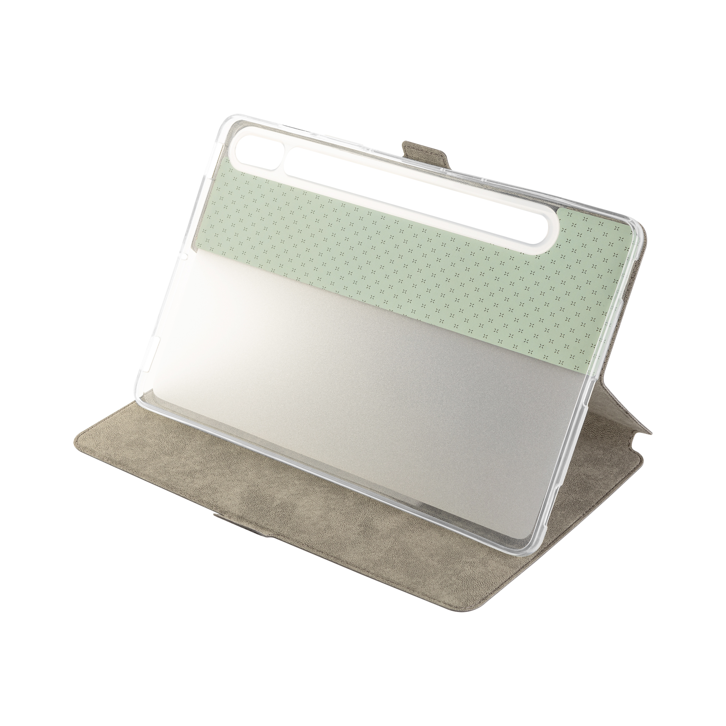 Graue Tablethülle aus Leder mit transparenter Kunststoffschale und dekorativer, grün gemusterter Rückseite.