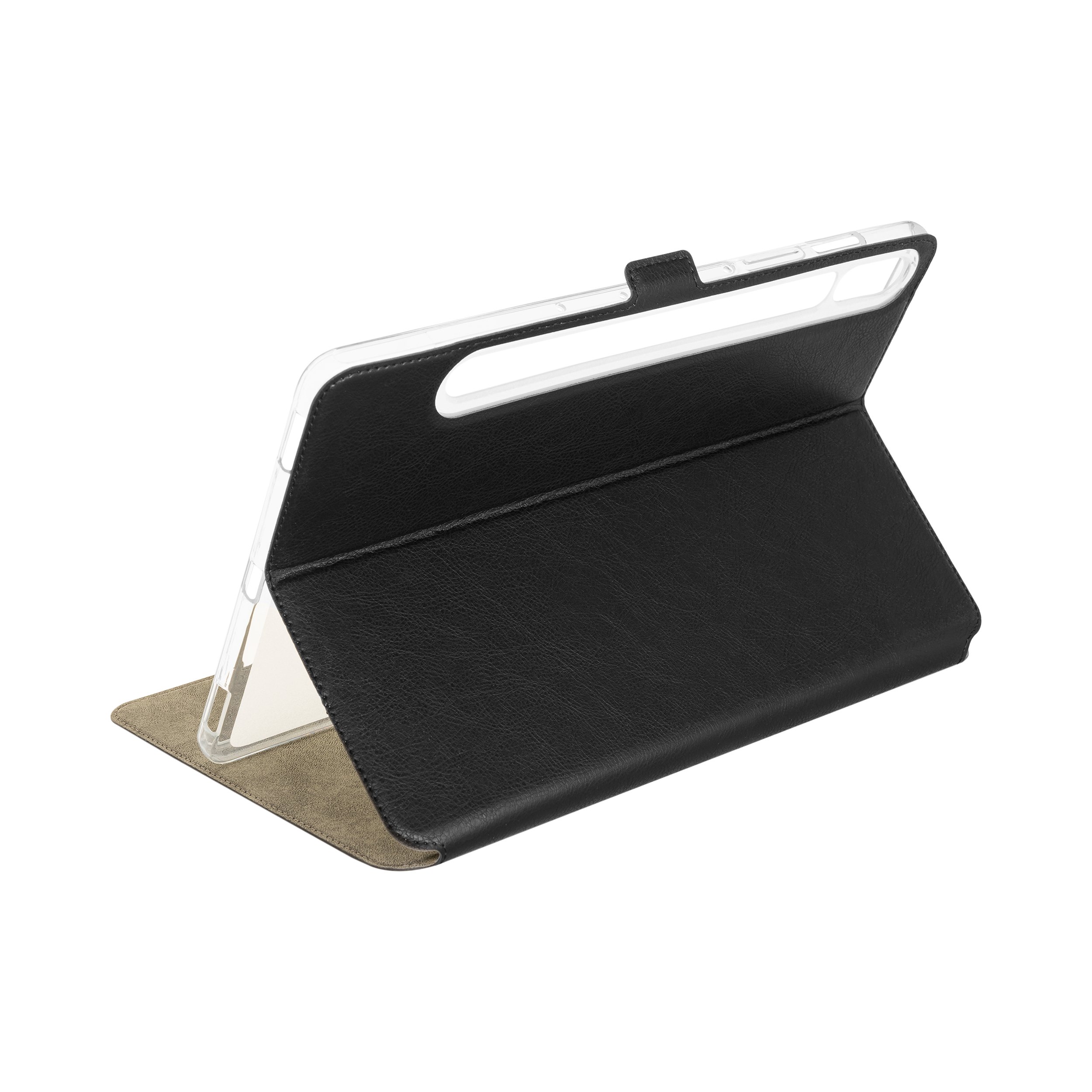 Eine schwarze Tablet-Hülle mit transparenter Kunststoffschiene, stehend auf weißem Hintergrund.