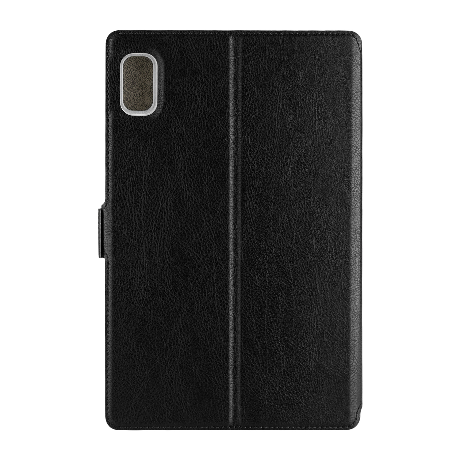 Eine schwarze Leder-Tablethülle mit vertikaler Falzlinie und Kameraausschnitt.