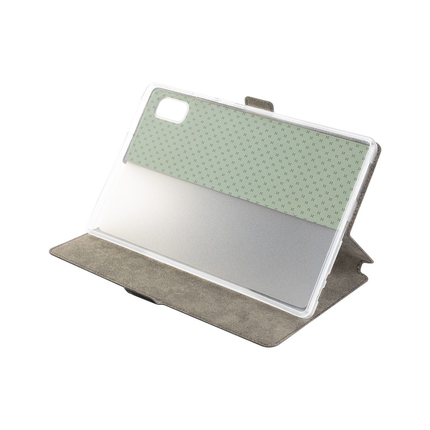 Ein grauer Tablet-Hüllen-Ständer mit transparentem Rahmen und einem grün-gemusterten Rückenteil.