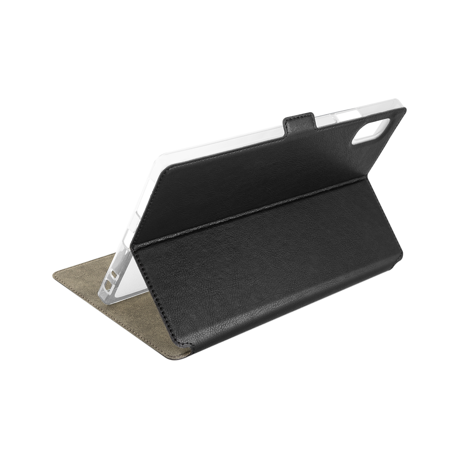 Schwarze Klapphülle für Tablets mit integriertem Ständer auf weißem Hintergrund.