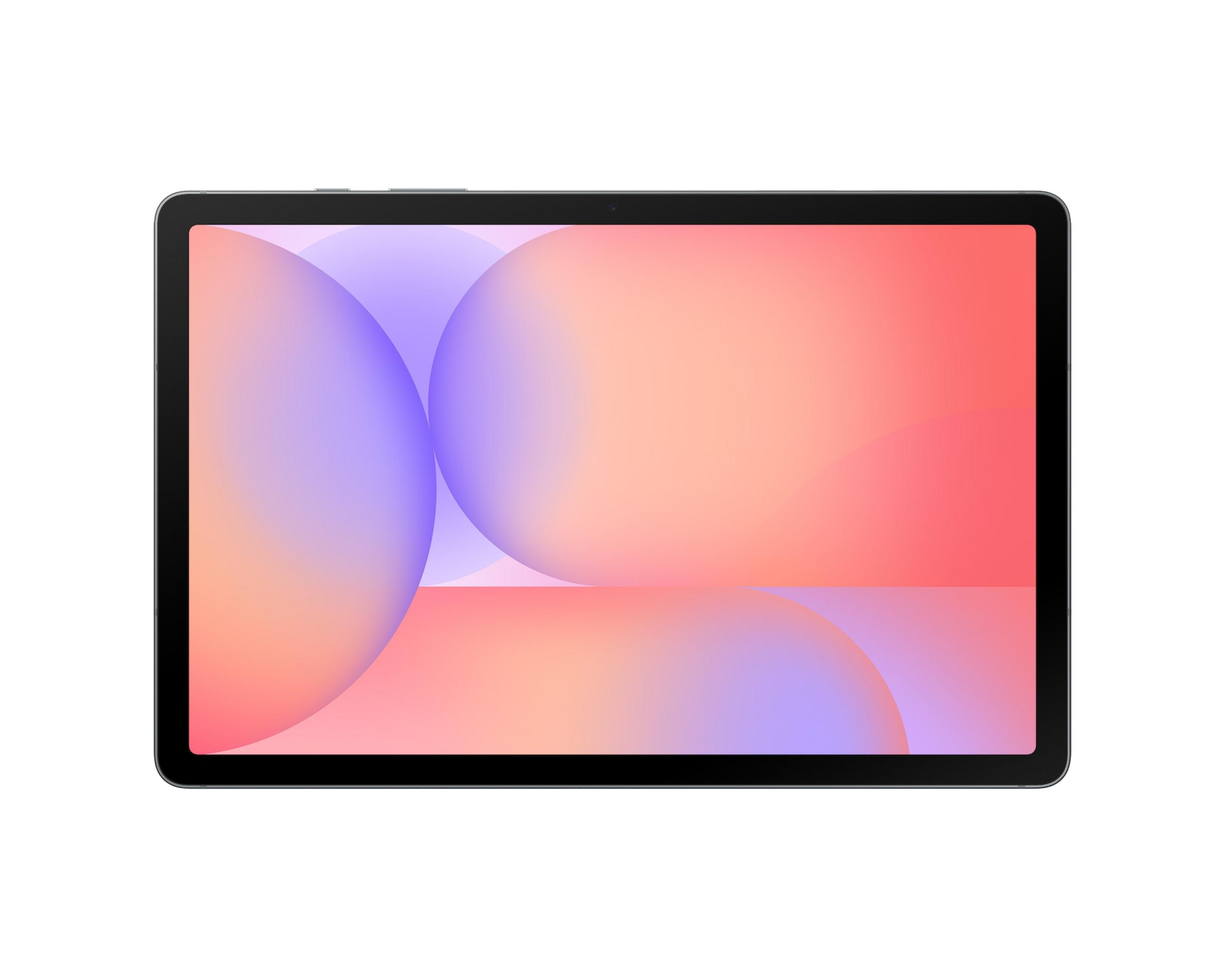 Un tablet nero con angoli arrotondati mostra uno schermo con cerchi astratti rosa e viola.