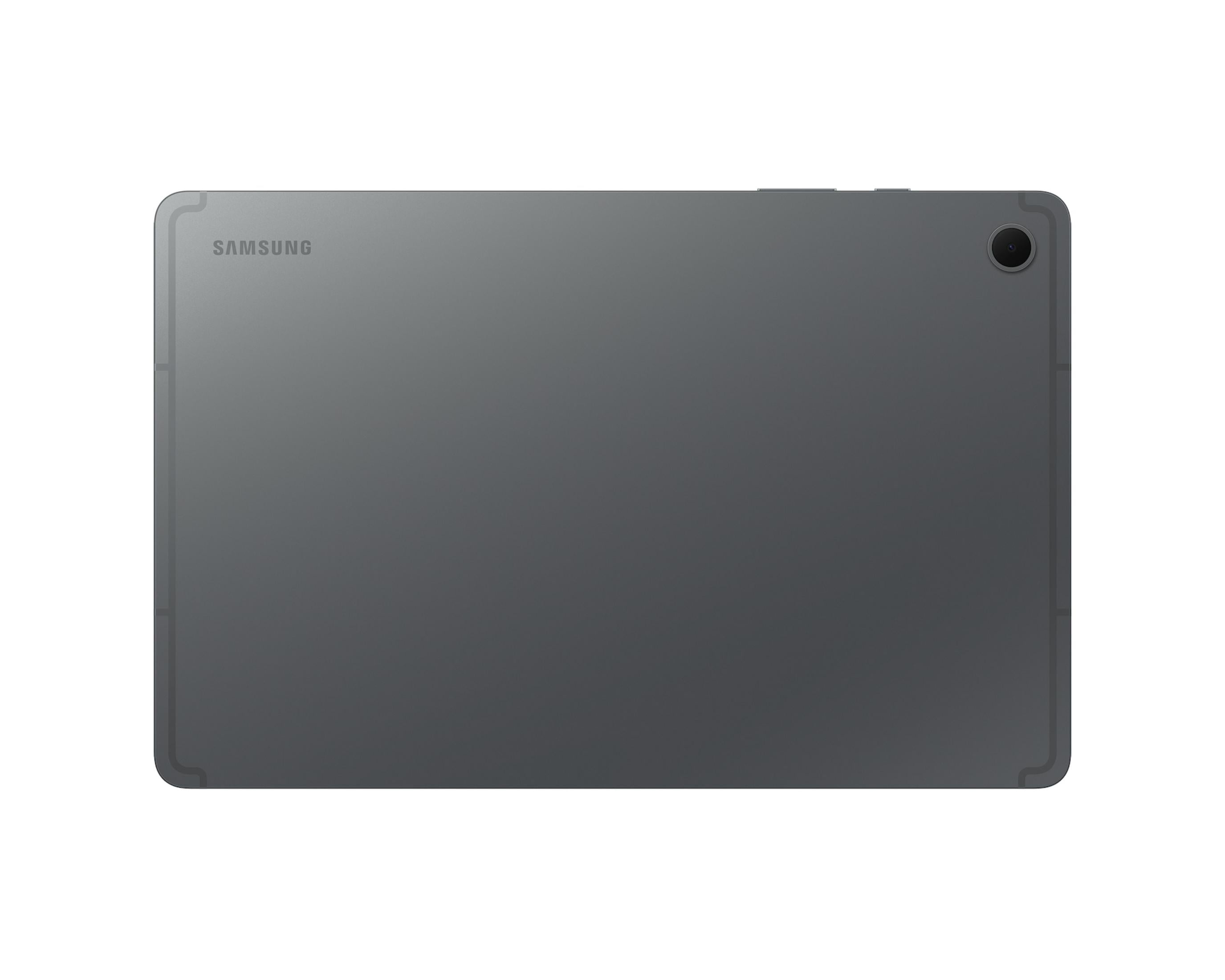 Retro di un tablet Samsung grigio con fotocamera e logo Samsung.