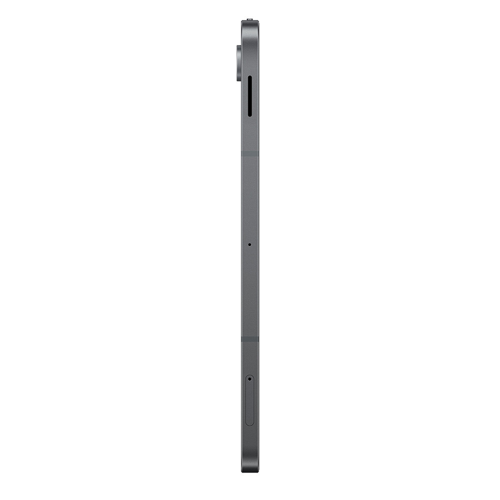 Vista laterale di un tablet grigio con pulsanti e porte su sfondo bianco.