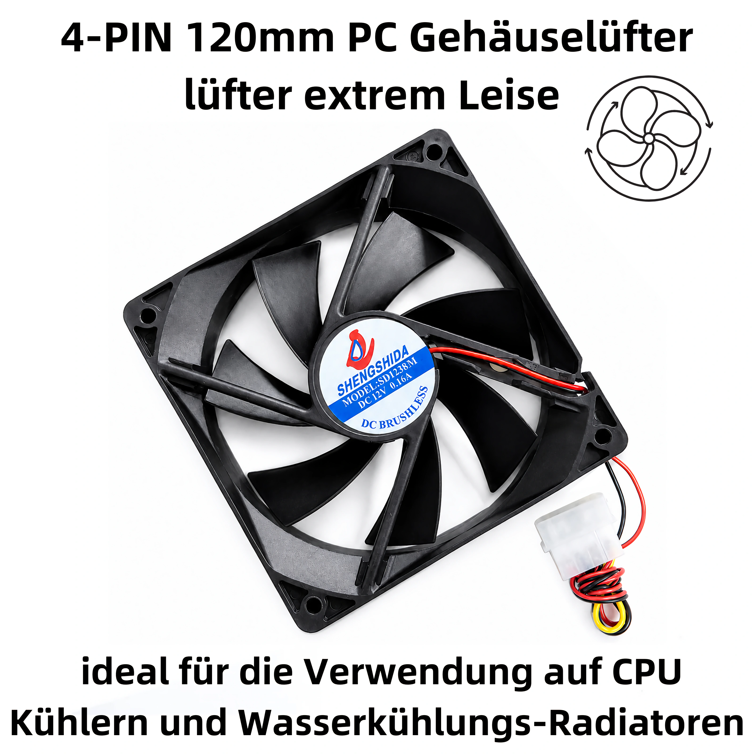 Schwarzer 120mm PC-Gehäuselüfter mit 4-Pin-Anschluss und rotem, gelbem und schwarzem Kabel.