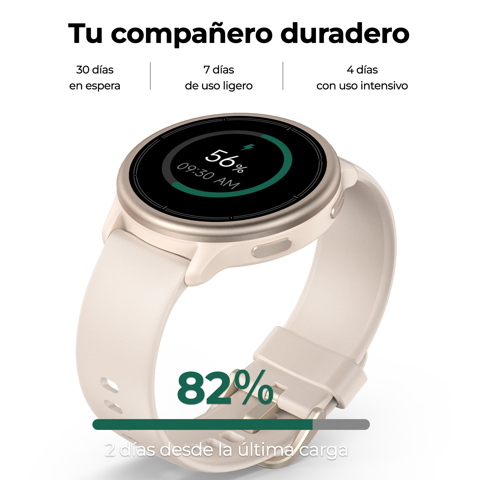 Un reloj inteligente beige con pantalla redonda que muestra 56% de batería y las 9:30 AM sobre un fondo blanco.