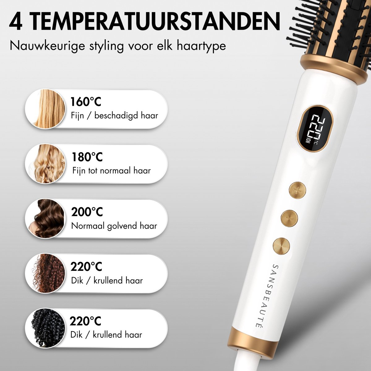 Una spazzola per lo styling mostra quattro impostazioni di temperatura per diversi tipi di capelli.