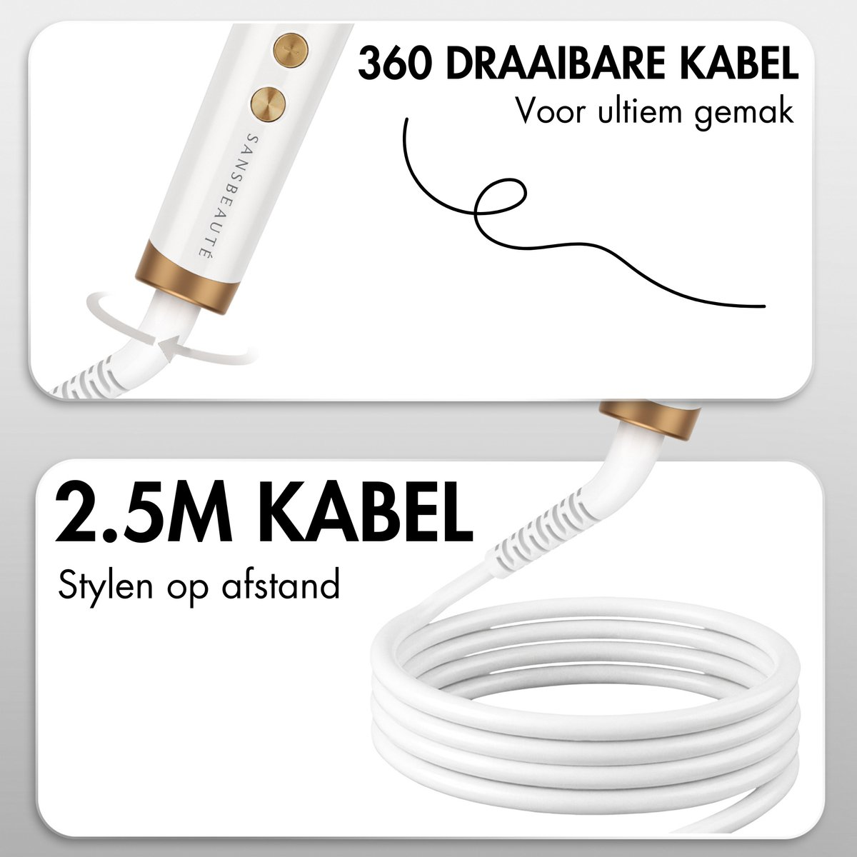 Pubblicità che mostra la rotazione a 360 gradi e il cavo da 2,5 metri di uno styler per capelli bianco.