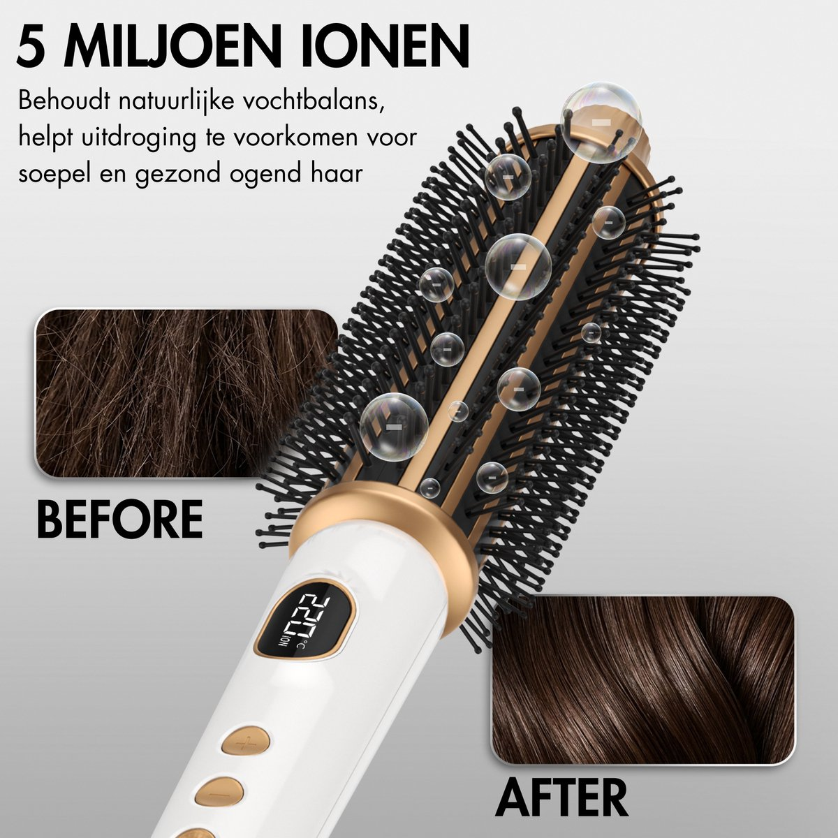 Spazzola dorata con display digitale, bolle di ioni e confronto capelli prima e dopo.
