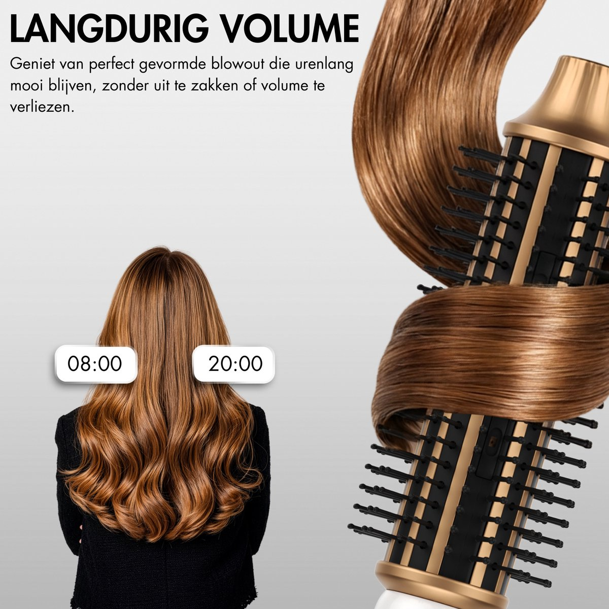 Una spazzola ad aria calda modella capelli castani, con testo sul volume duraturo dalle 08:00 alle 20:00.