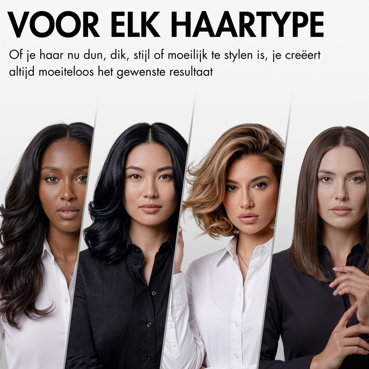 Vier Frauen mit unterschiedlichen Frisuren und Haarfarben vor hellem Hintergrund mit niederländischem Werbetext.