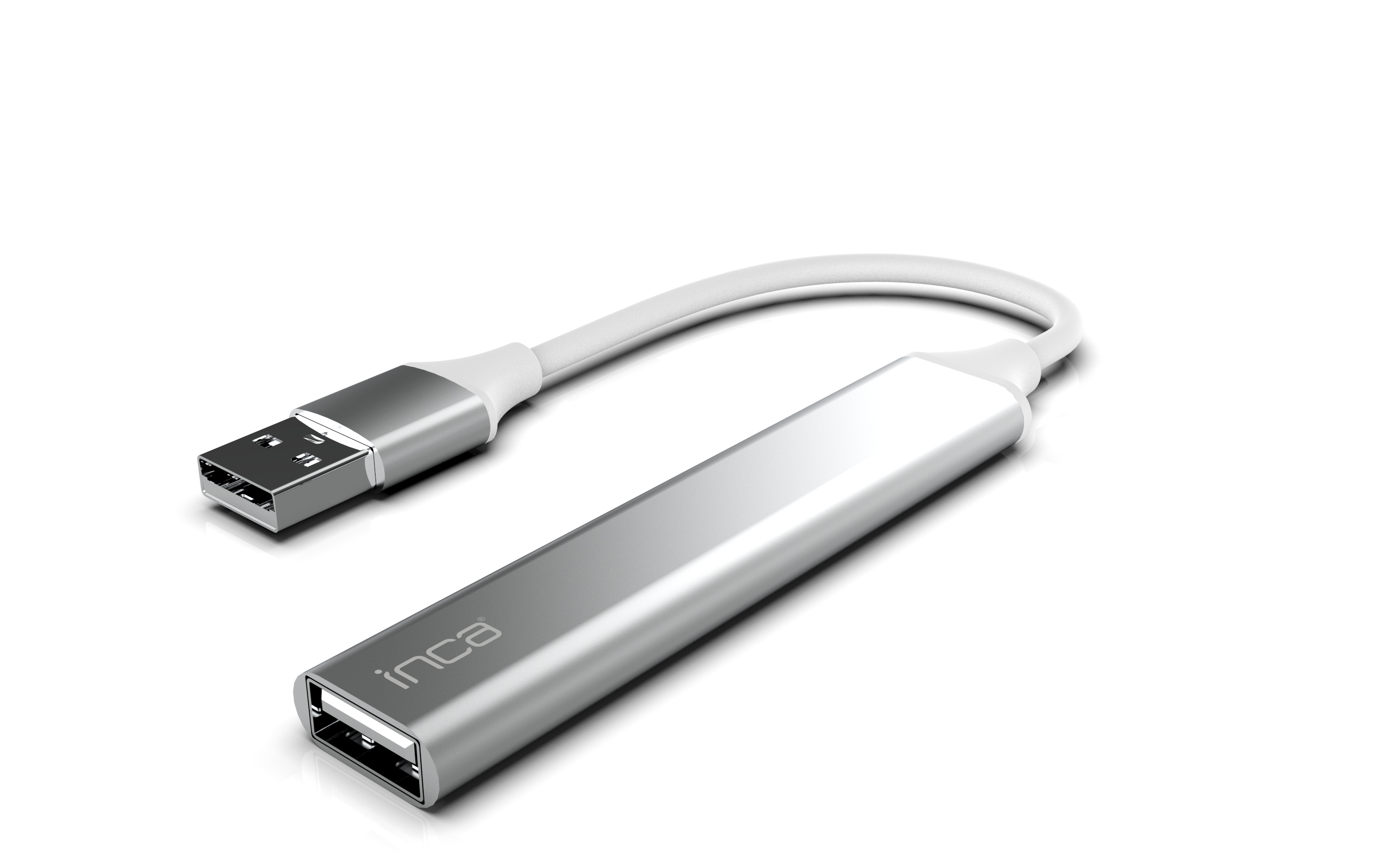 Beyaz arka planda beyaz kablolu ve USB-A konektörlü gümüş renkli bir USB çoklayıcı.