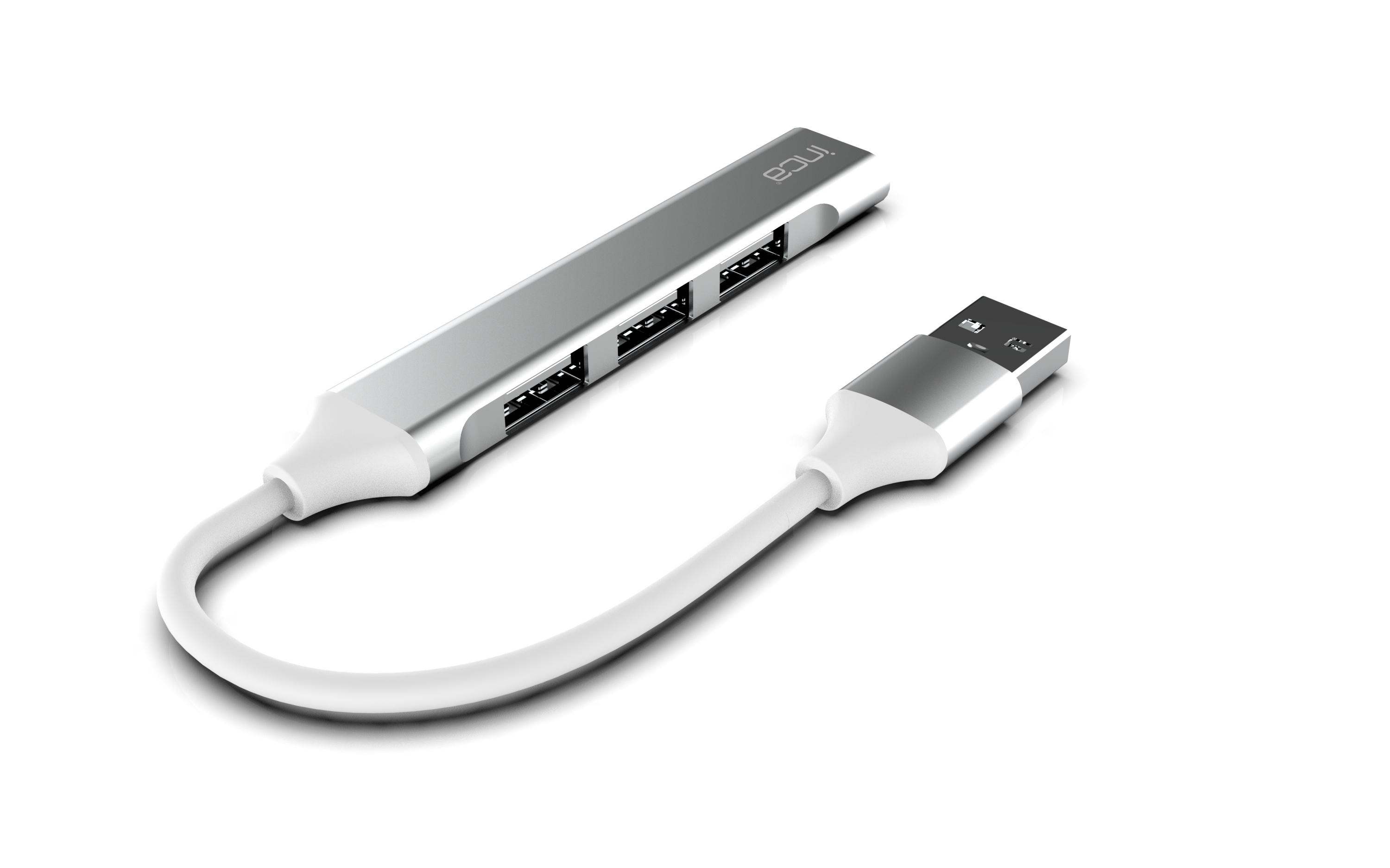 Beyaz arka planda beyaz kablolu ve USB-A konnektörlü gümüş renkli USB çoklayıcı.