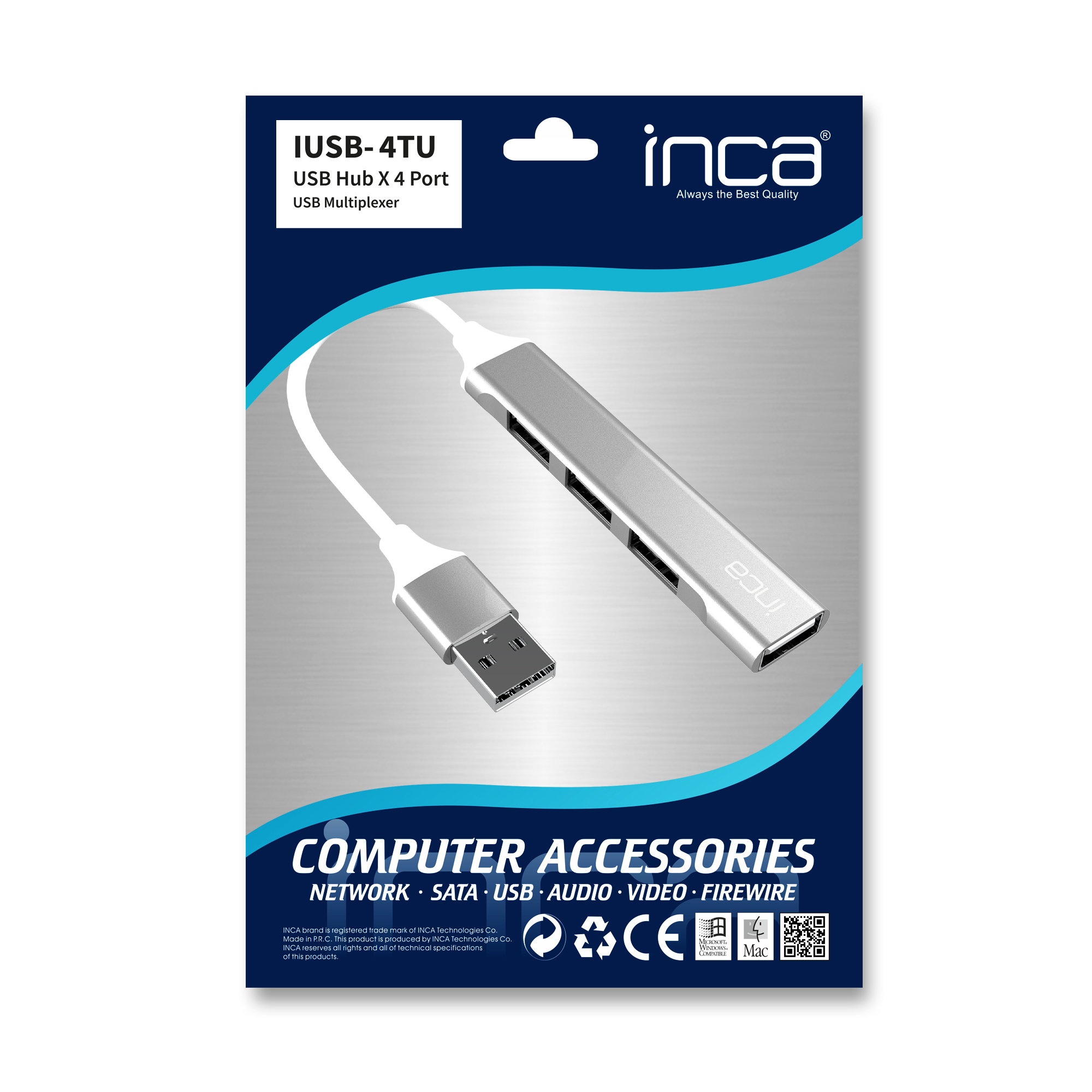 Gri arka plan üzerinde beyaz kablolu ve konnektörlü gümüş renkli Inca 4 portlu USB çoklayıcı ambalajı.