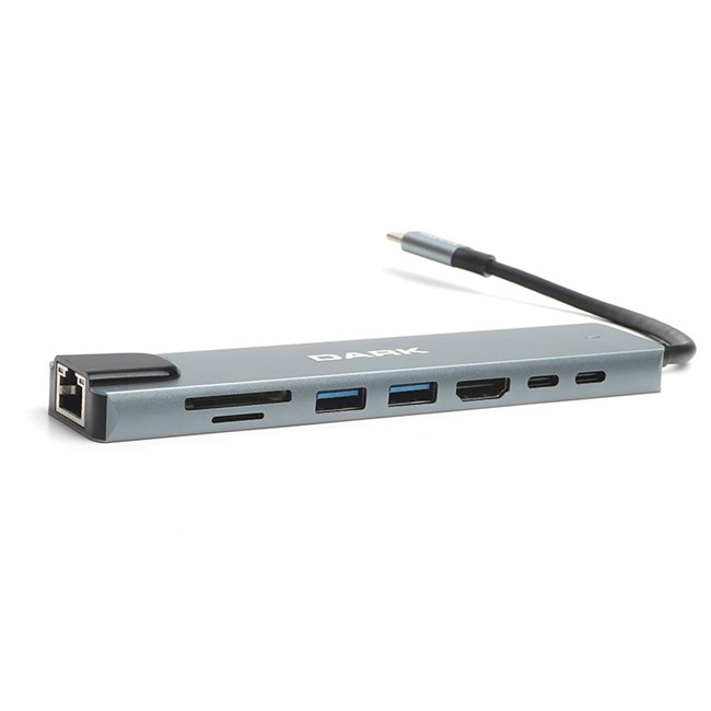 Beyaz arka planda ethernet, kart okuyucu, USB ve HDMI portlarına sahip gri USB-C çoklayıcı.