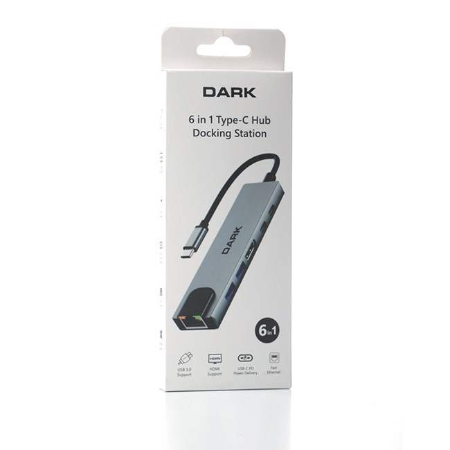 DARK 6'sı 1 arada Type-C Hub yerleştirme istasyonu için beyaz ürün kutusu, önünde gri hub görseli var.