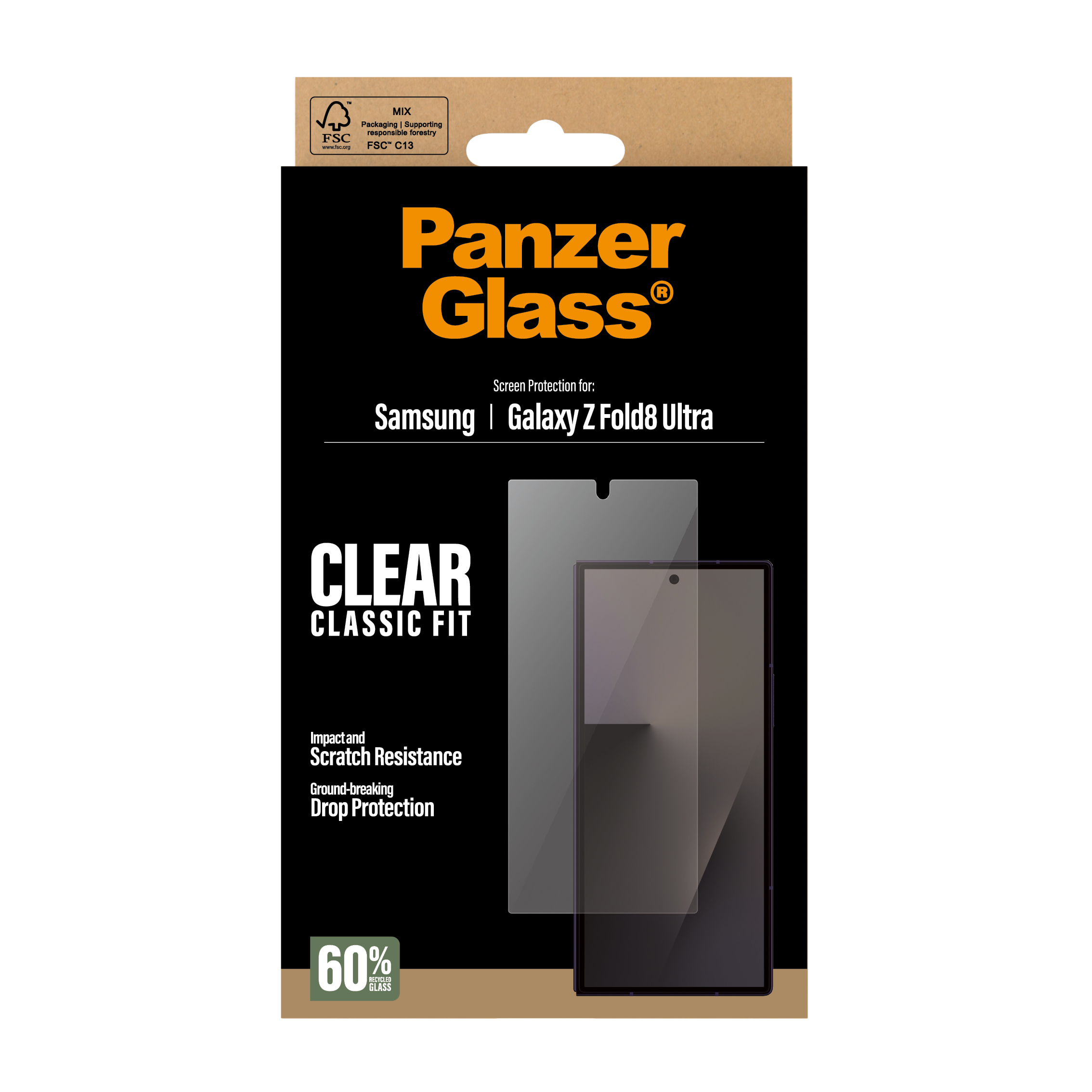 Confezione PanzerGlass per pellicola protettiva Samsung Galaxy Z Fold8 Ultra con vestibilità classica trasparente.