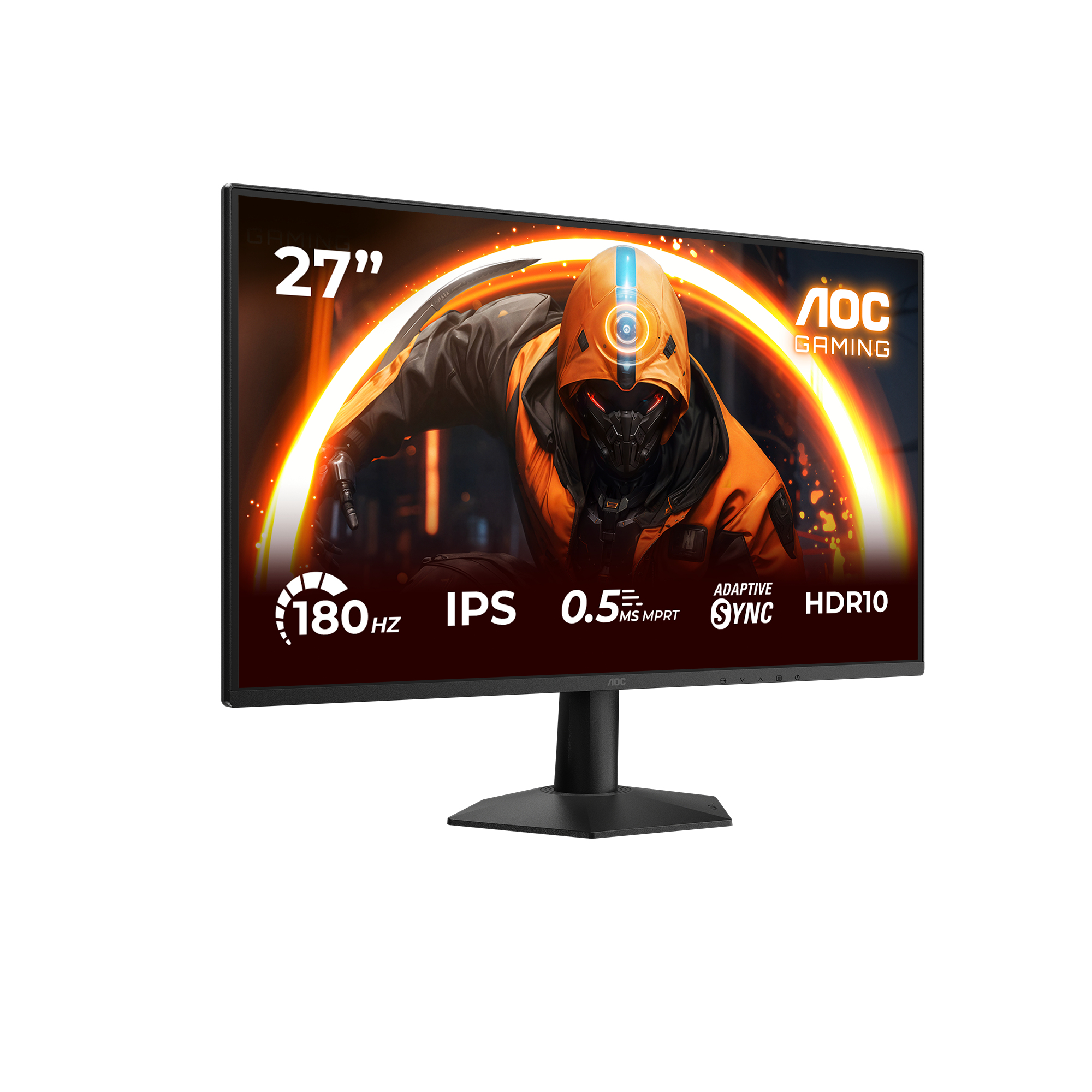 Monitor da gioco AOC da 27 pollici con l'immagine di un personaggio futuristico.