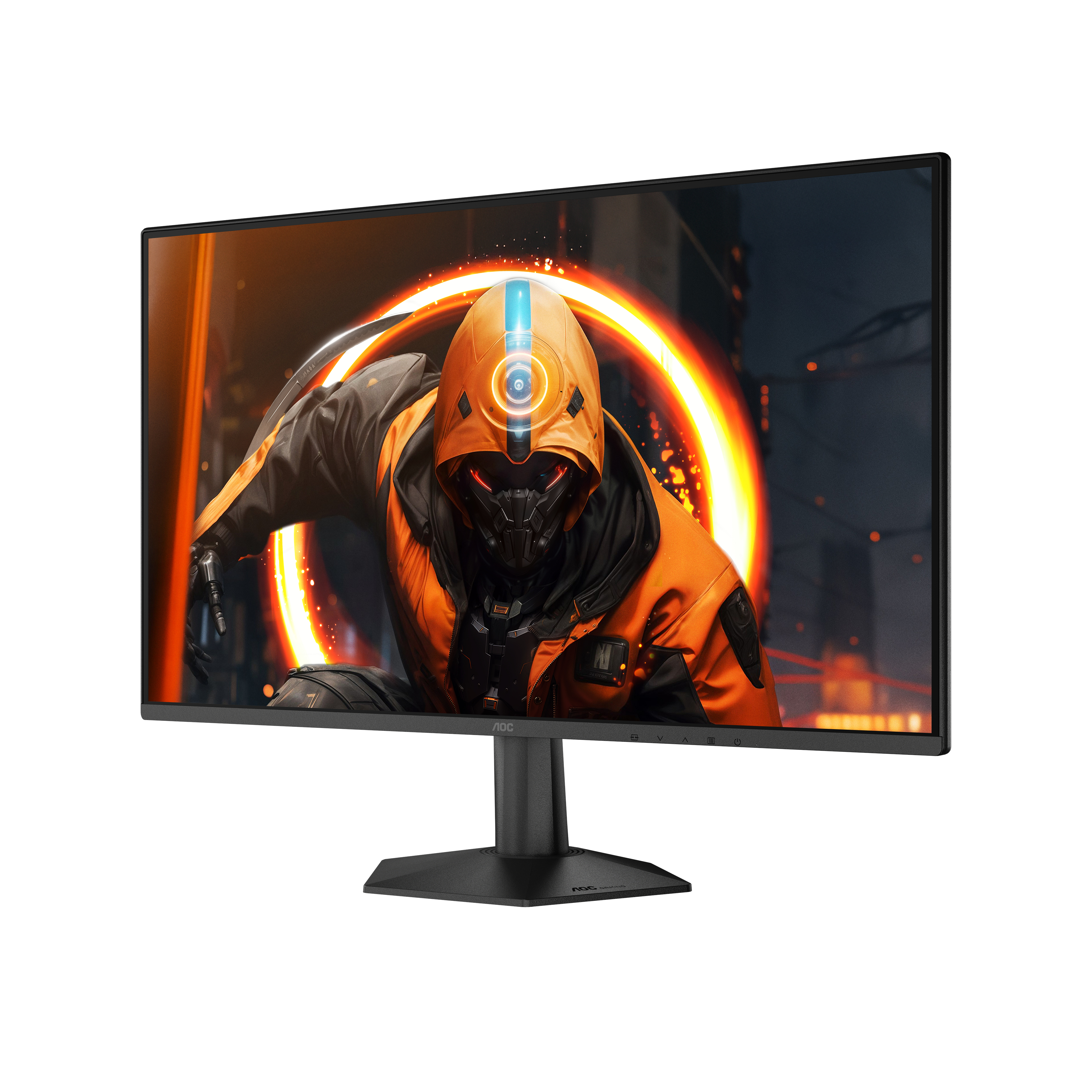 Un monitor da gioco nero mostra un personaggio futuristico in tuta arancione con uno sfondo ad anello luminoso.