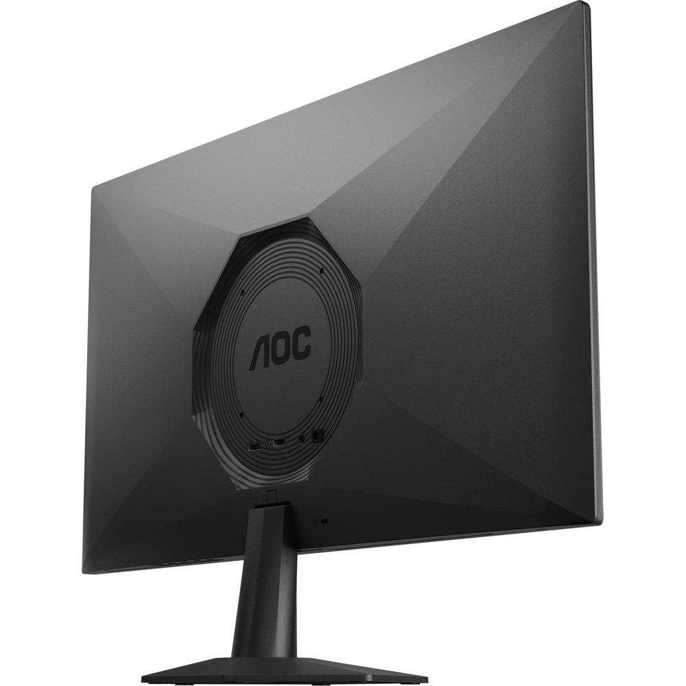 Vista posteriore di un monitor per computer AOC nero con centro ottagonale e supporto semplice su sfondo bianco.