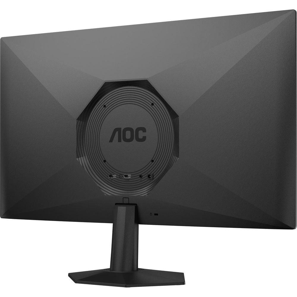 Vista posteriore di un monitor AOC nero con scocca decorata e supporto su sfondo bianco.