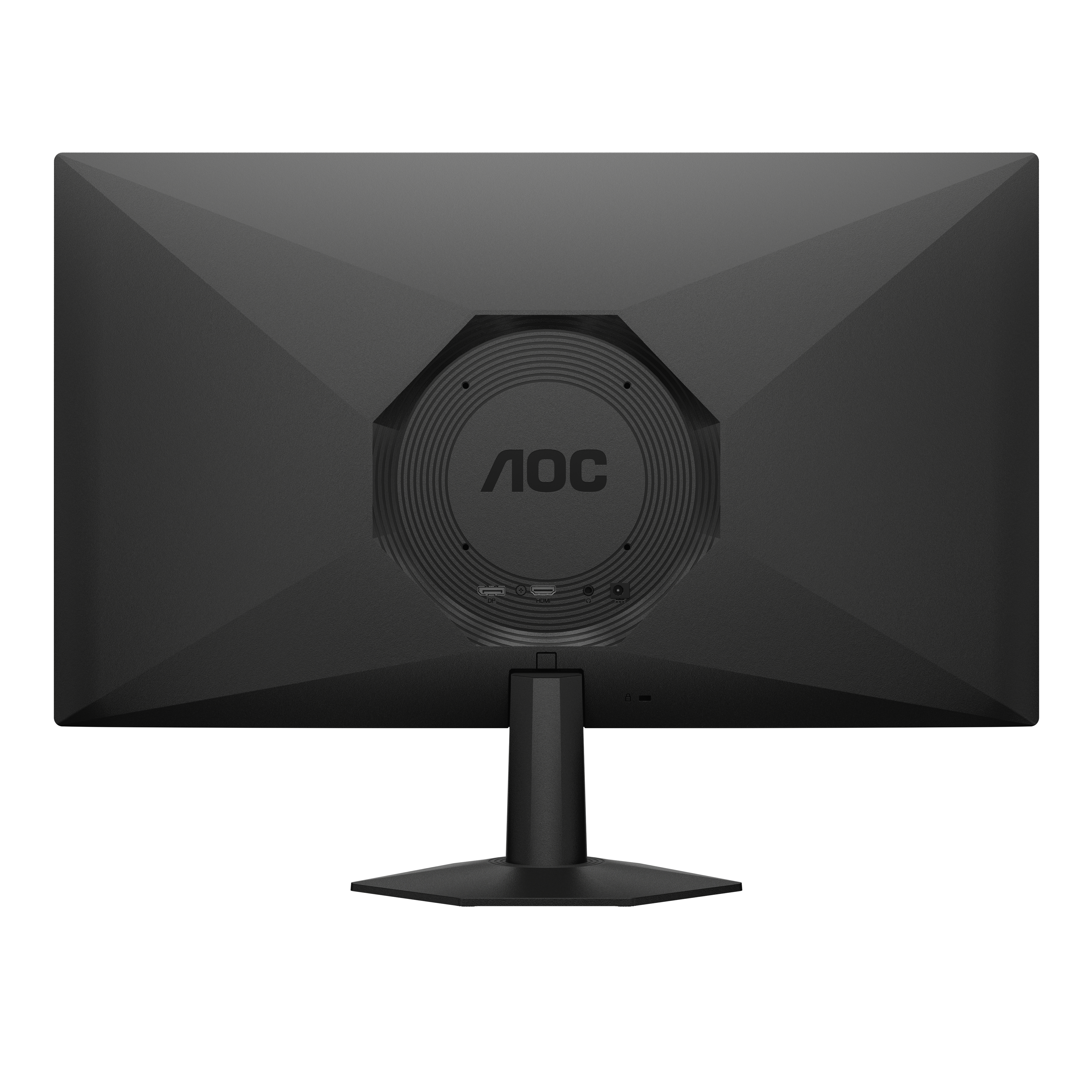 Vista posteriore di un monitor per computer AOC nero con supporto e porte visibili su sfondo bianco.