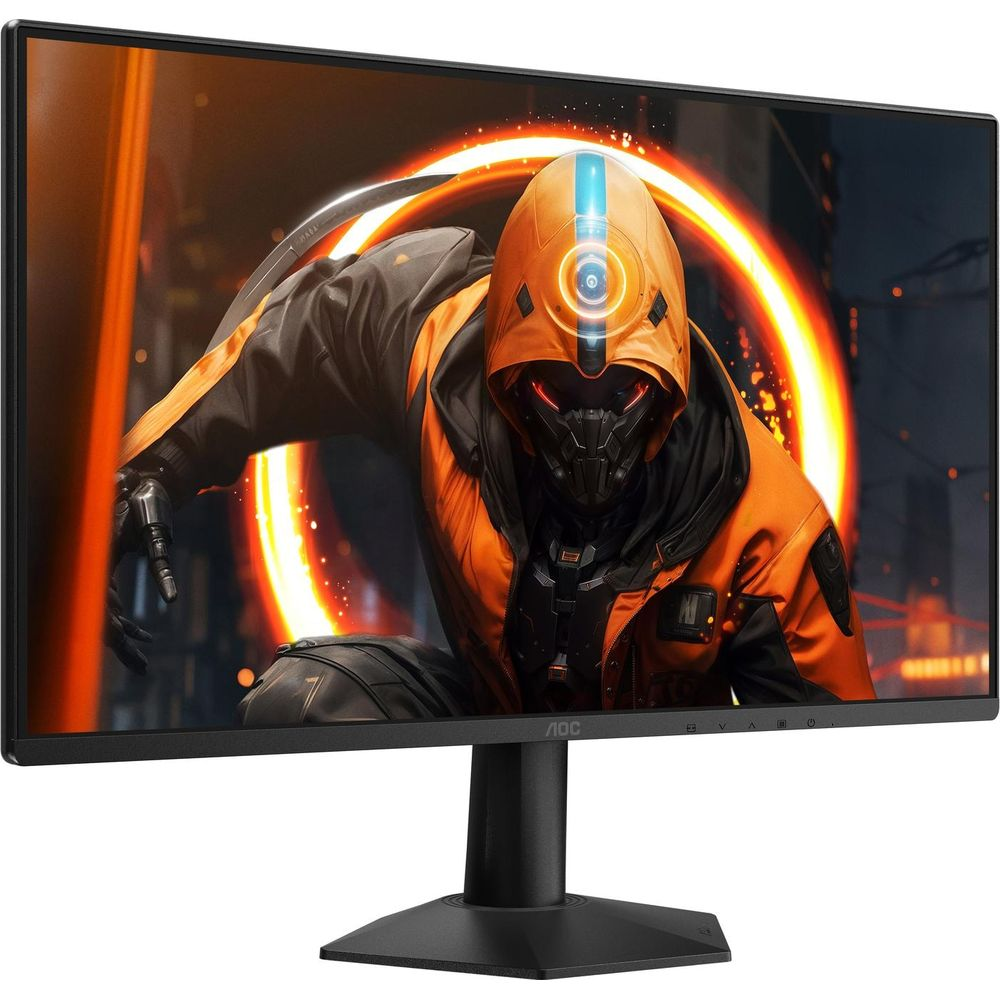 Ein schwarzer AOC-Monitor zeigt einen Sci-Fi-Krieger in Orange mit leuchtenden Lichtern im Hintergrund.