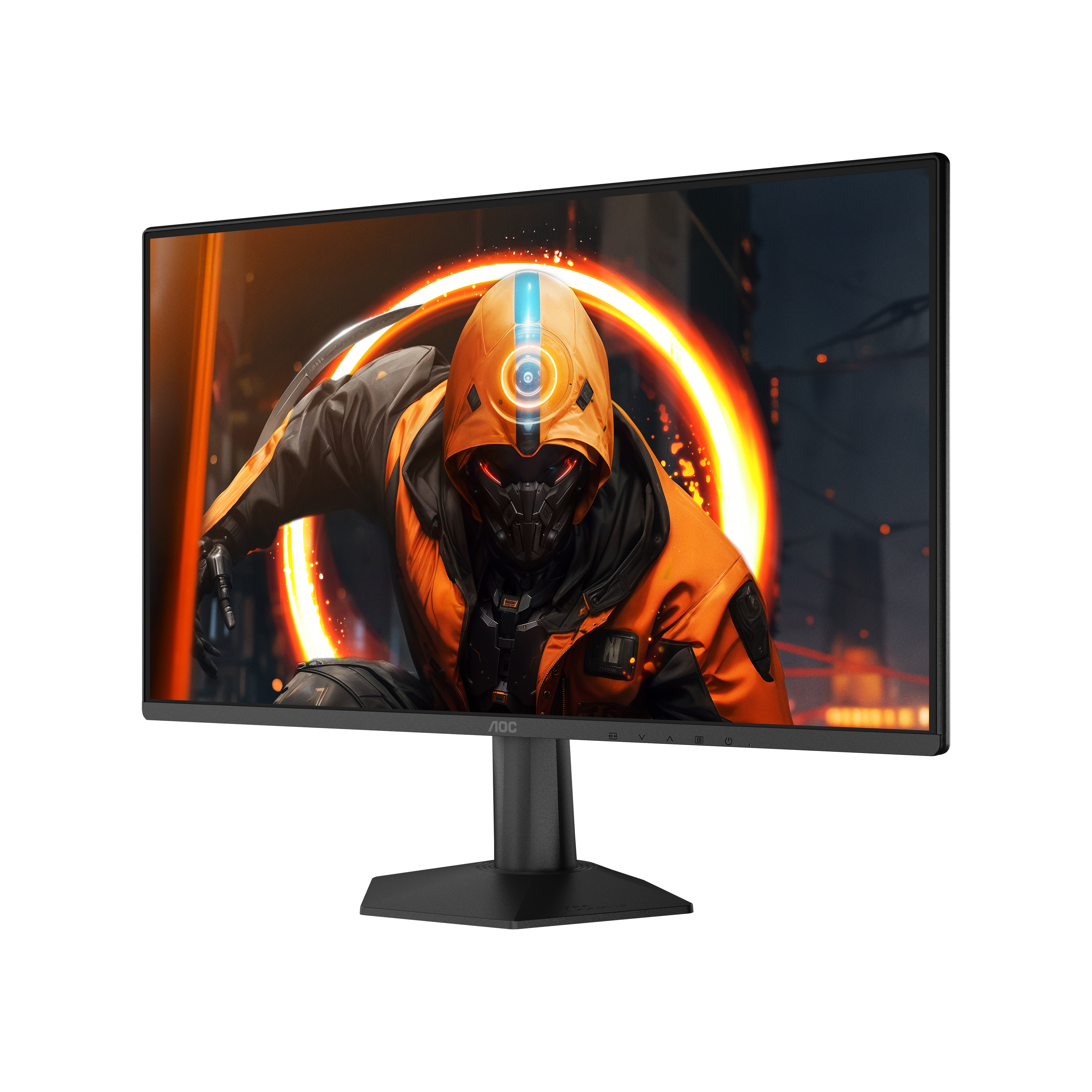 Ein schwarzer AOC-Gaming-Monitor zeigt einen Charakter in orangem Kapuzenpullover vor einem leuchtenden Kreis.