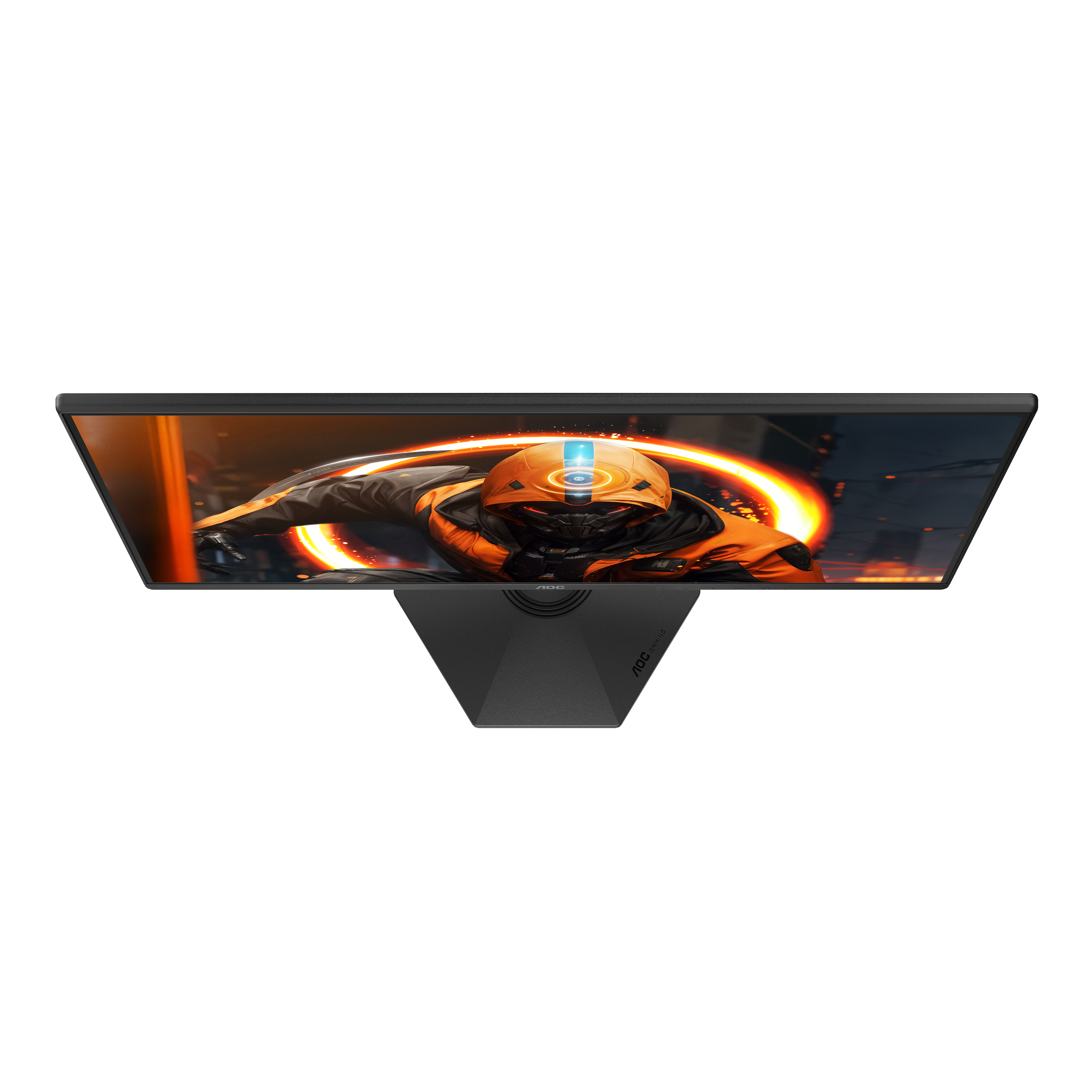 Ansicht von oben auf einen schwarzen Monitor mit einer orange gekleideten Figur auf weißem Hintergrund.