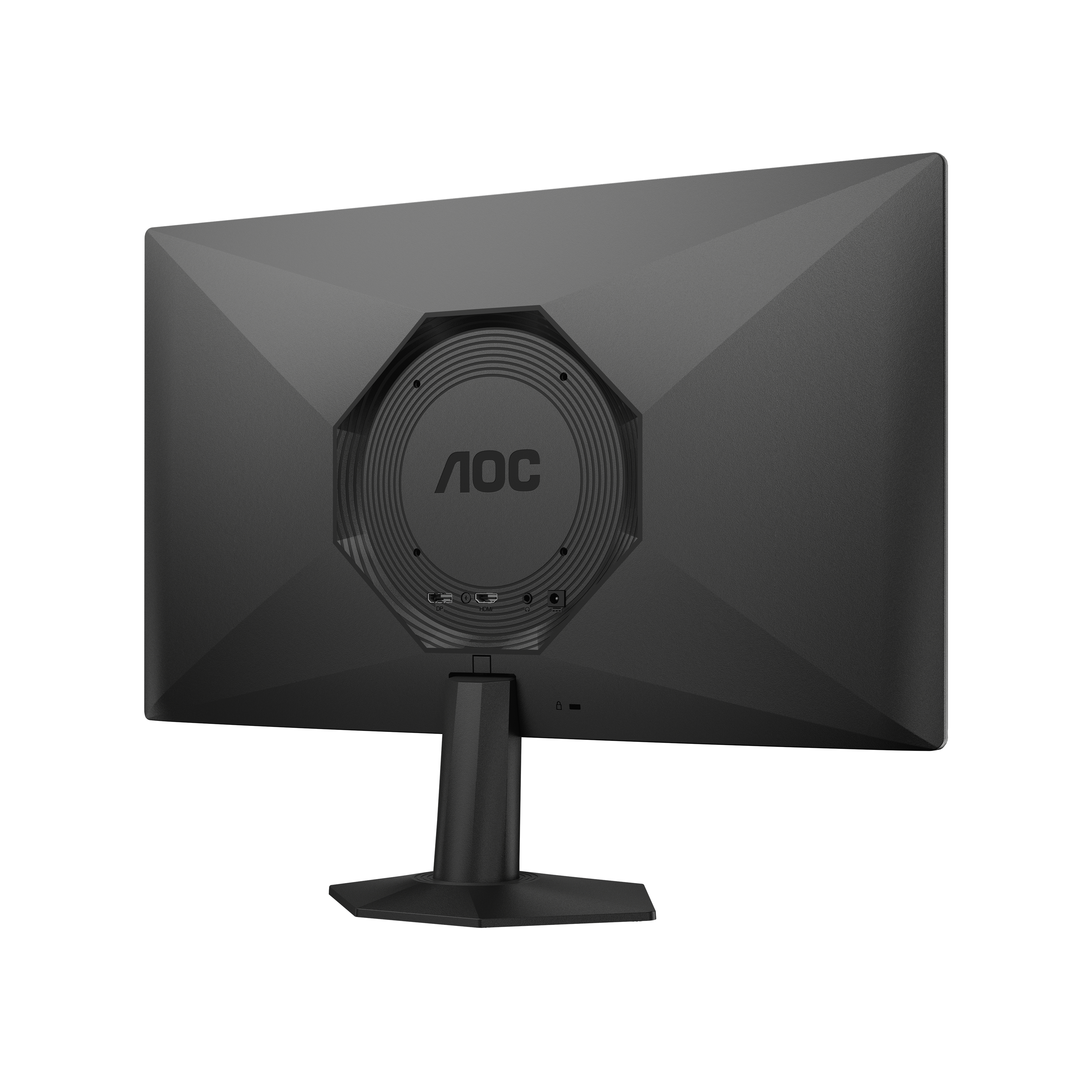 Rückansicht eines schwarzen AOC-Computermonitors mit Anschlüssen, Standfuß und Logo auf weißem Grund.