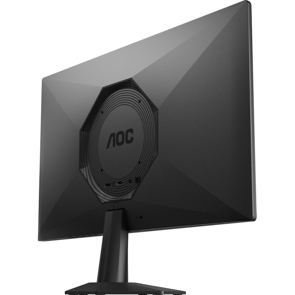 Rückseite eines schwarzen AOC-Monitors mit kantigem Design und zentralem Logo auf einem Standfuß.