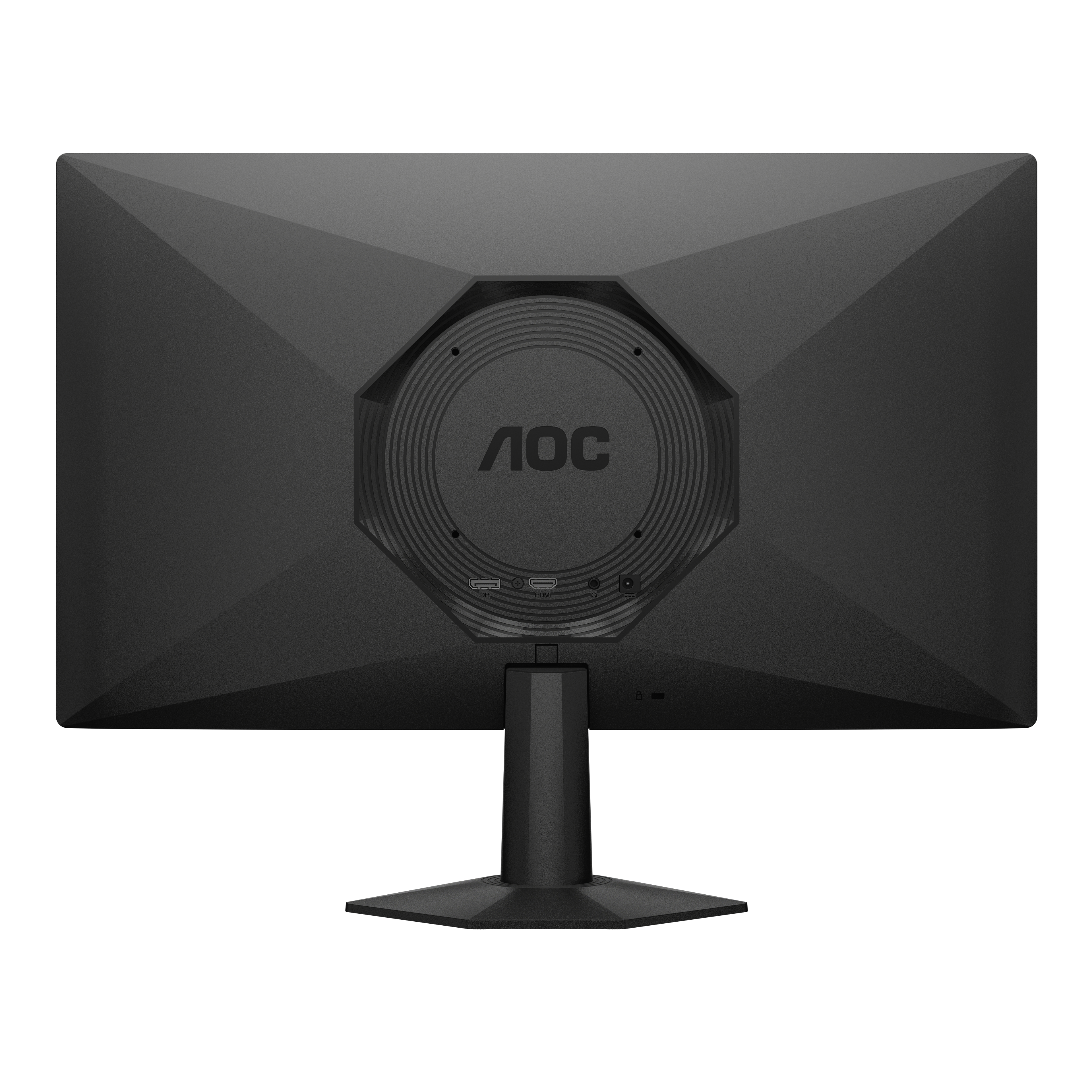 Rückseite eines schwarzen AOC-Monitors auf einem Standfuß mit verschiedenen Anschlussports.