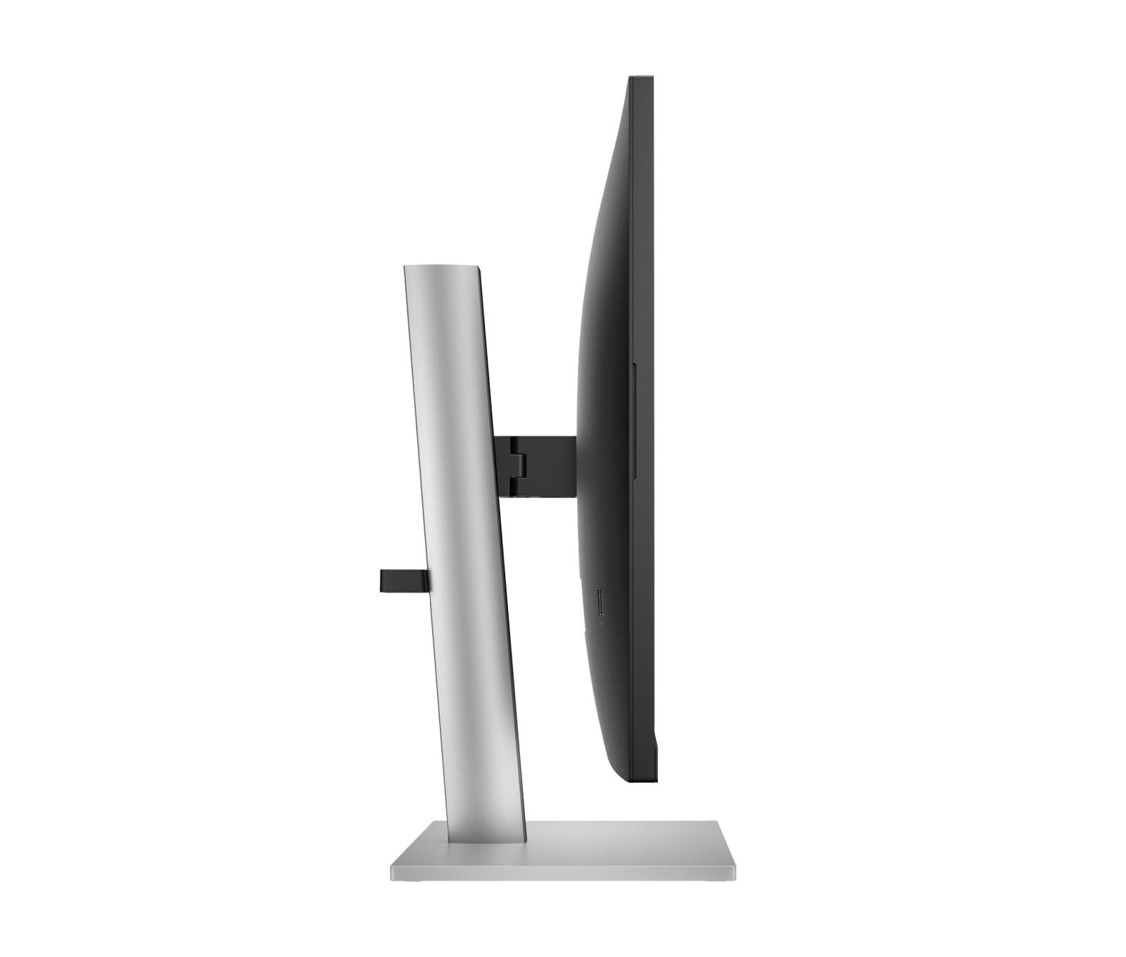 Vista laterale di un monitor per computer nero con supporto argentato su sfondo bianco.