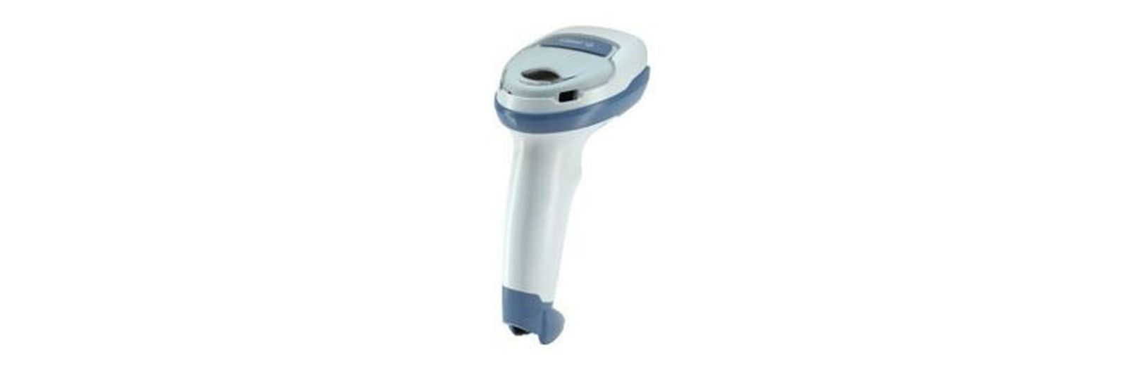 Ein weiß-blauer Handheld-Barcode-Scanner auf schlichtem weißem Hintergrund.