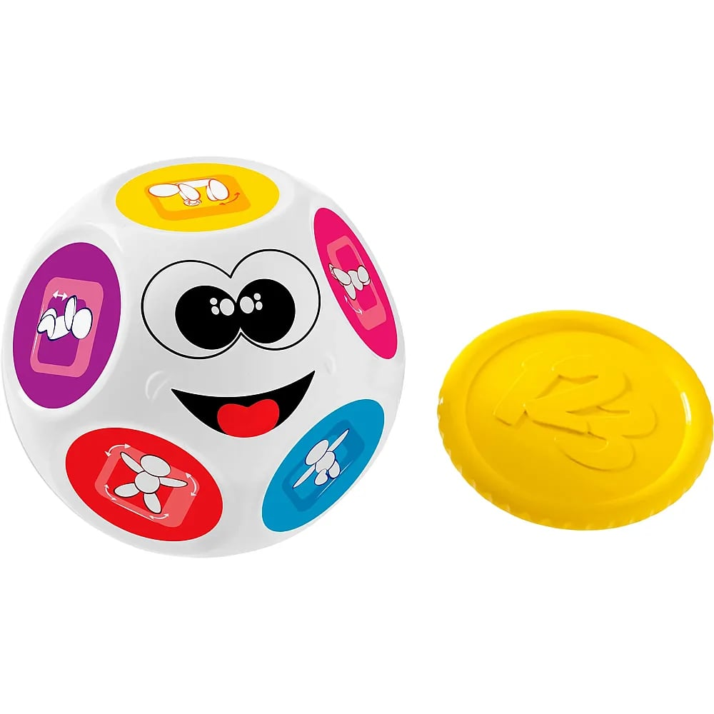 Ein weißer, lächelnder Spielball mit bunten Symbolen und eine gelbe Münze daneben auf weißem Hintergrund.