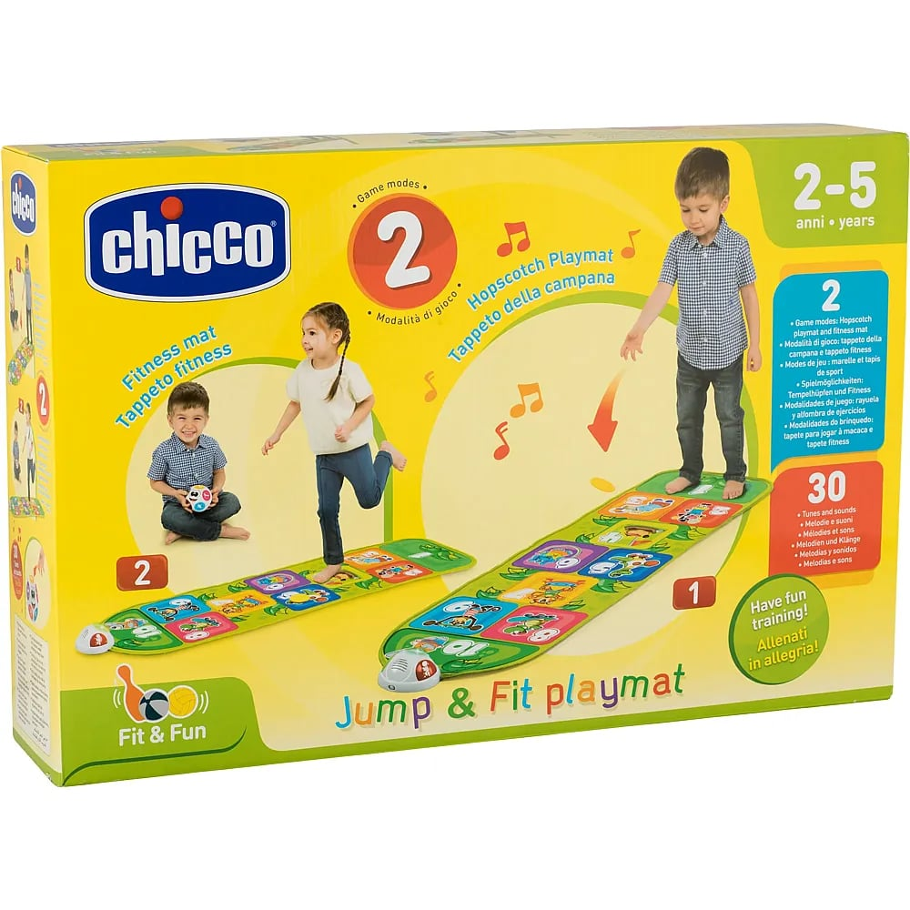 Verpackung der Chicco Jump & Fit Spielmatte mit Kindern, die auf einer bunten, interaktiven Matte spielen.