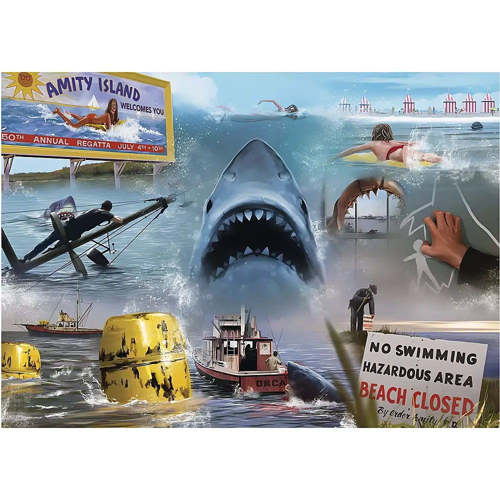 Eine Collage zeigt einen großen Hai aus dem Wasser, Boote, ein Strandverbotsschild und eine Amity-Island-Plakatwand.