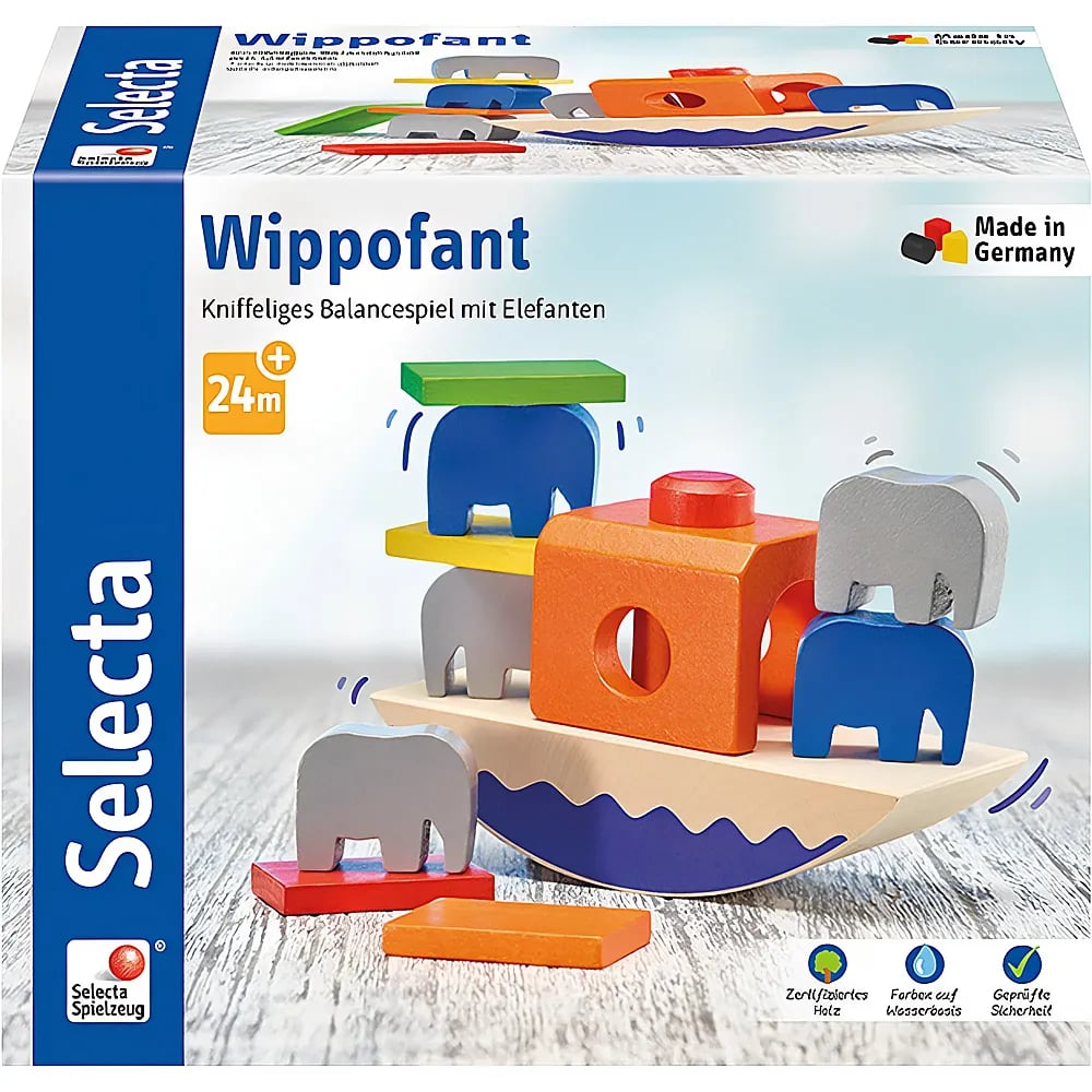 Wippofant Holz-Balancespiel Schachtel mit bunten Holz-Elefanten auf einer Wippe.