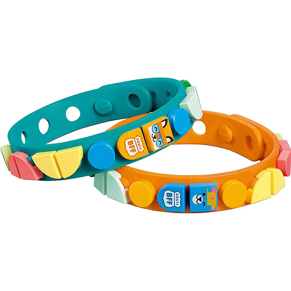 Due colorati braccialetti dell'amicizia LEGO Dots decorati con piastrelle.