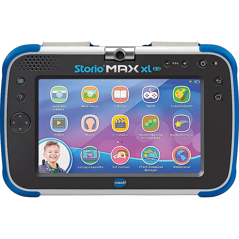 Ein blau-schwarzes VTech Storio Max XL 2.0 Kinder-Tablet zeigt einen App-Menübildschirm.