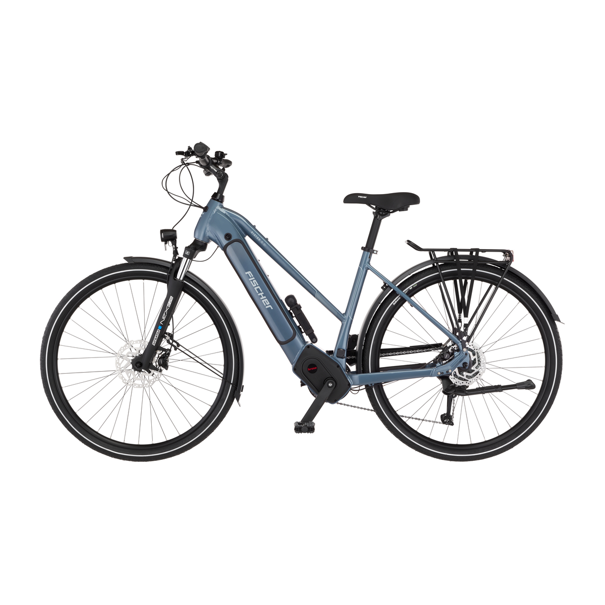 Ein graues Fischer E-Bike von der Seite vor weißem Hintergrund mit Gepäckträger und integriertem Akku.